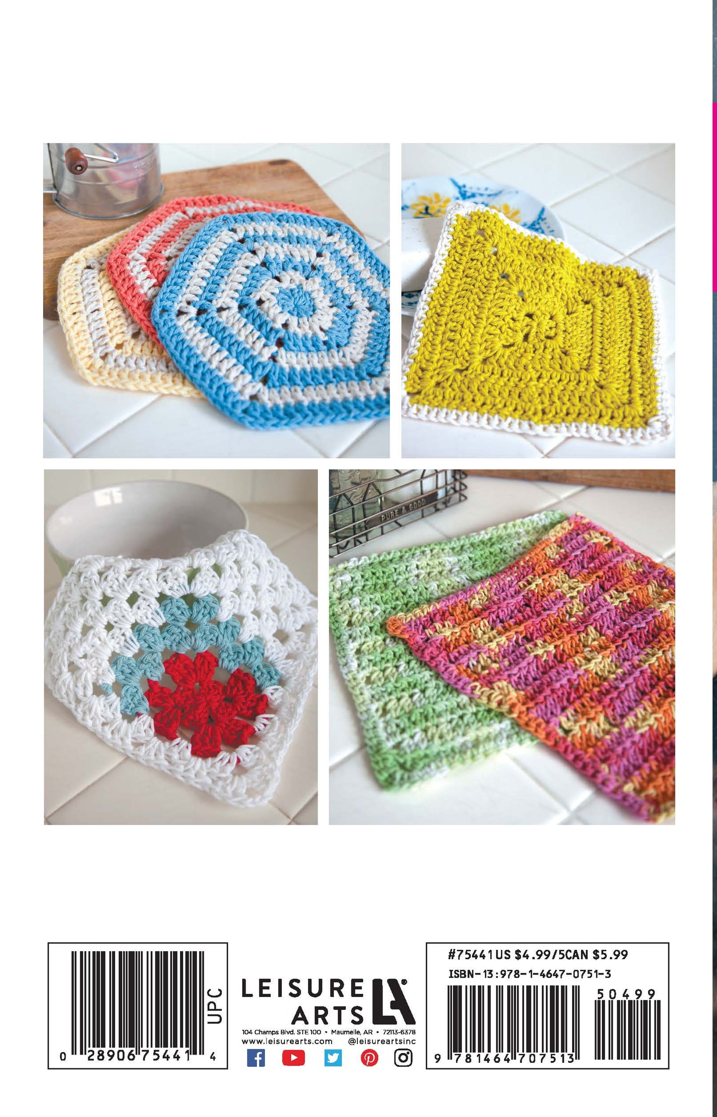 Four photos show Leisure Arts Dishcloths in colorful cotton yarn—hexagonal, rectangular, granny square, and multicolored—displayed on white tiles. Perfect inspiration for beginner crochet projects.