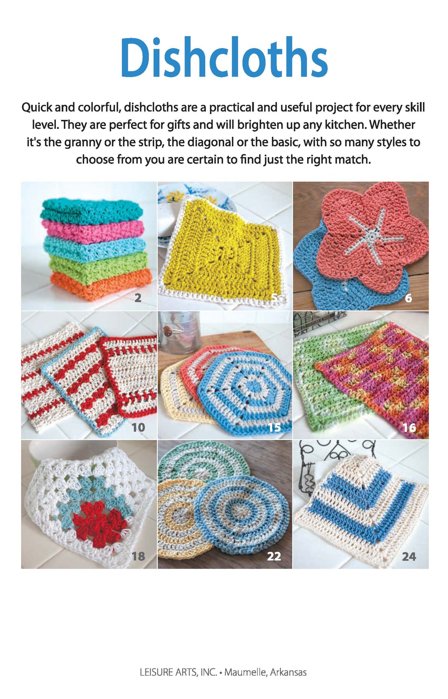 The Leisure Arts Dishcloths book features 9 colorful crocheted dishcloth patterns—ideal for beginners—including stacked squares, textured, flower-shaped, striped, hexagonal, granny square, spiral, and chevron designs.