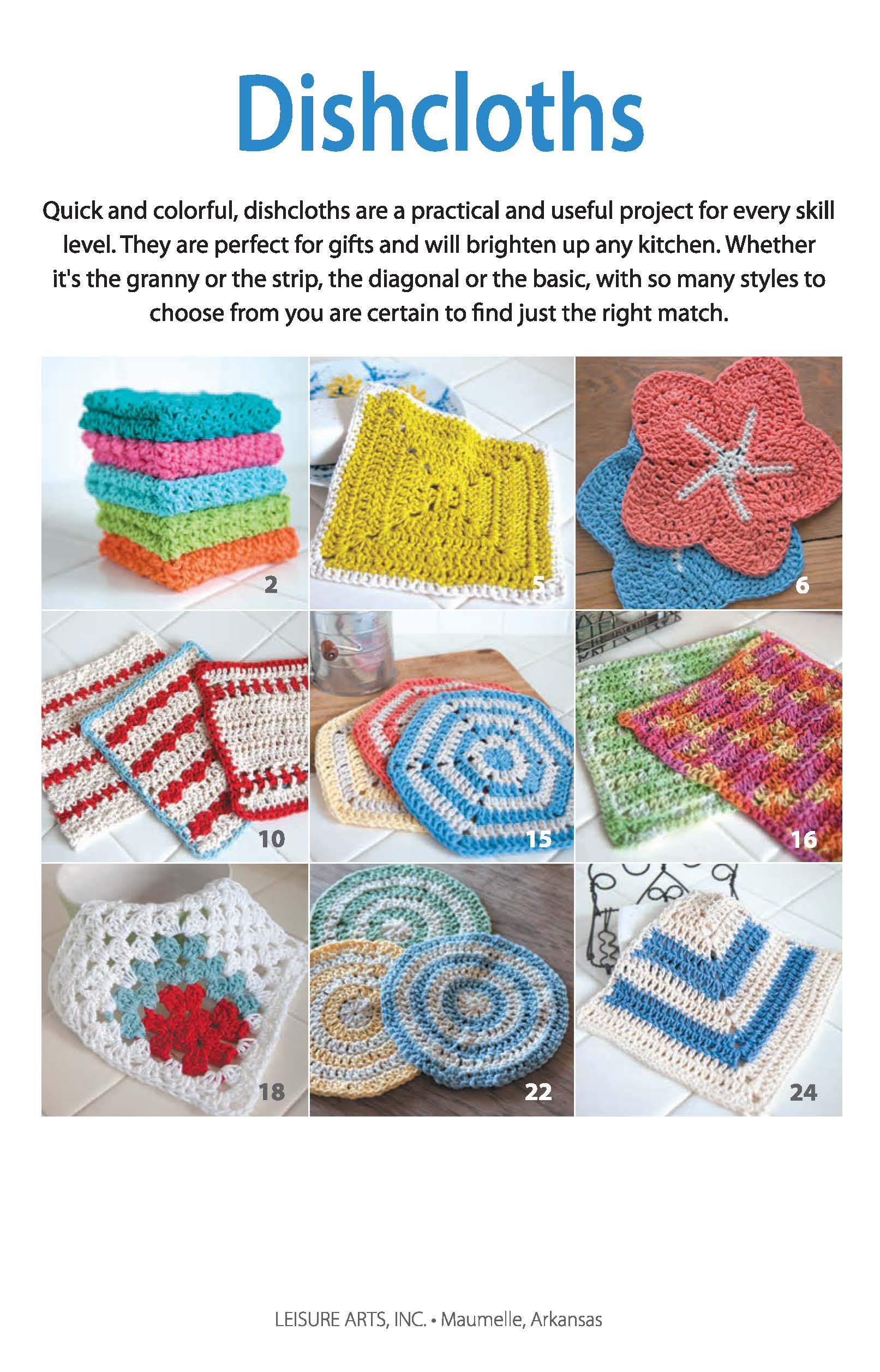 The Leisure Arts Dishcloths book features 9 colorful crocheted dishcloth patterns—ideal for beginners—including stacked squares, textured, flower-shaped, striped, hexagonal, granny square, spiral, and chevron designs.