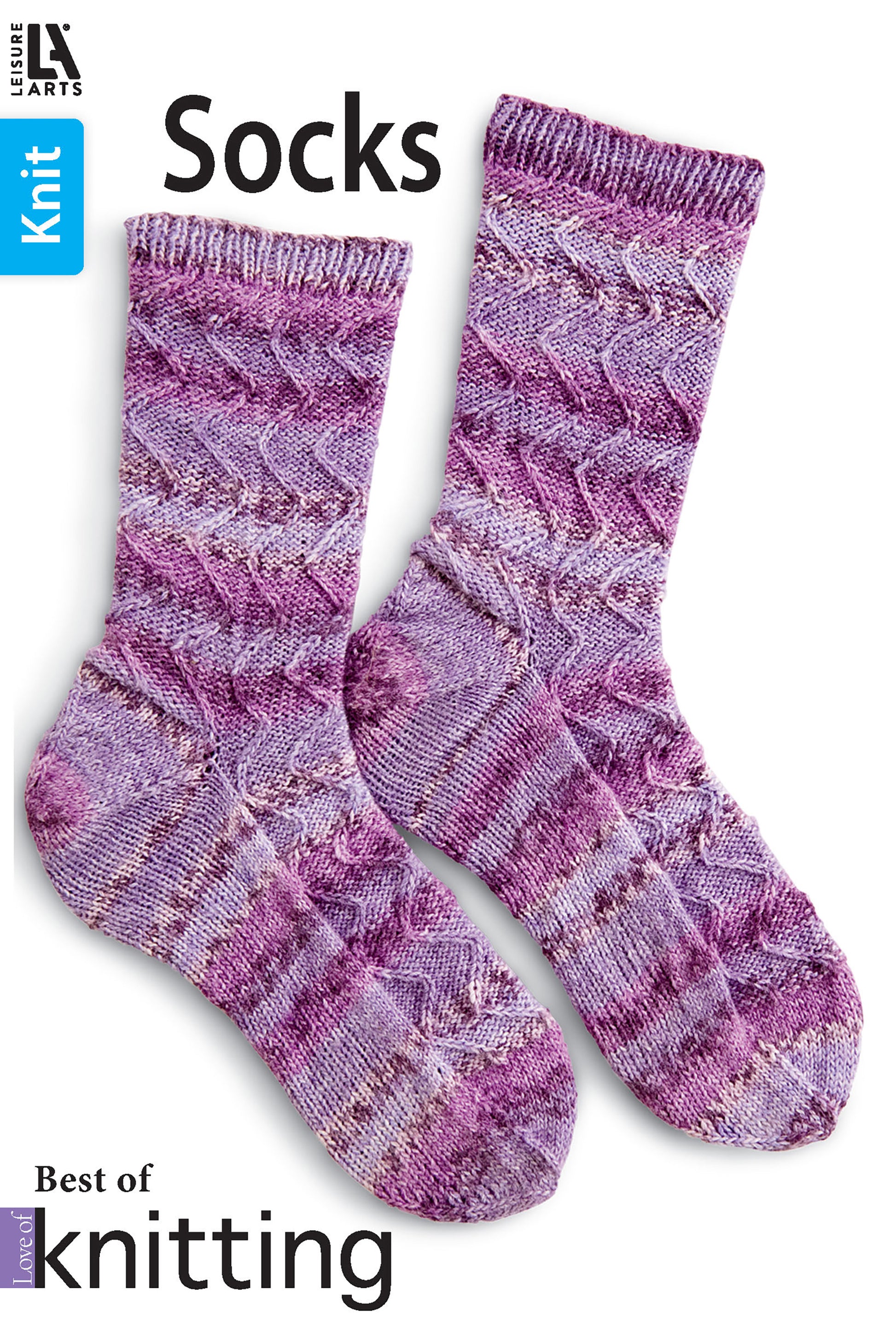 Two purple hand-knit socks with a wavy texture are shown on white. The text reads "Love of Knitting—Socks" by Leisure Arts, ideal for any knitting book or sock knitting pattern collection.