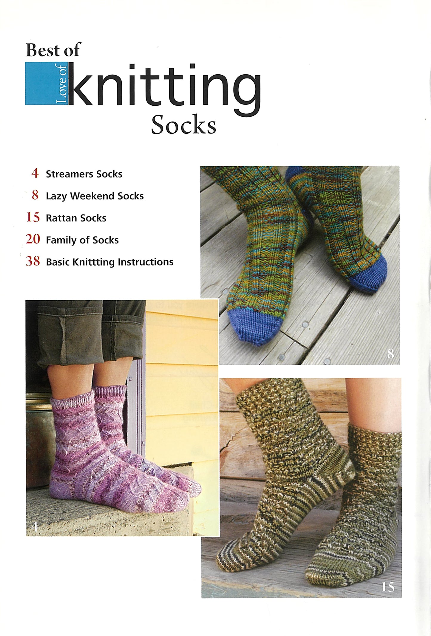 The cover of Love of Knitting—Socks by Leisure Arts shows three people wearing colorful, hand-knit socks. Inside, you'll find featured sock knitting patterns and basic instructions to inspire your next project.