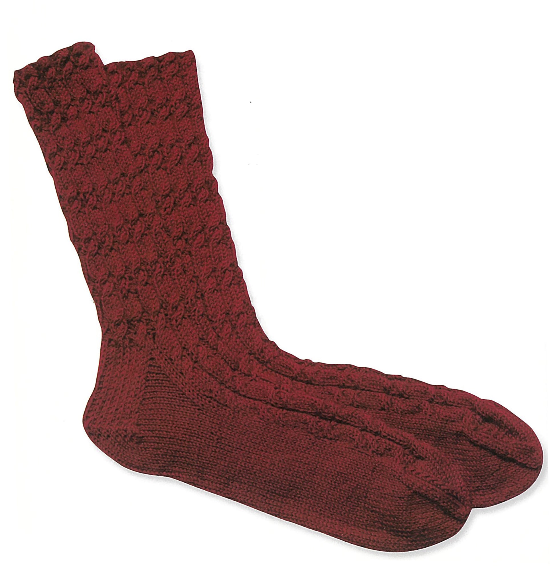 Displayed on a white background, Love of Knitting—Socks by Leisure Arts features a pair of maroon hand-knit socks with a textured, patterned design—perfect inspiration for sock-knitting patterns.