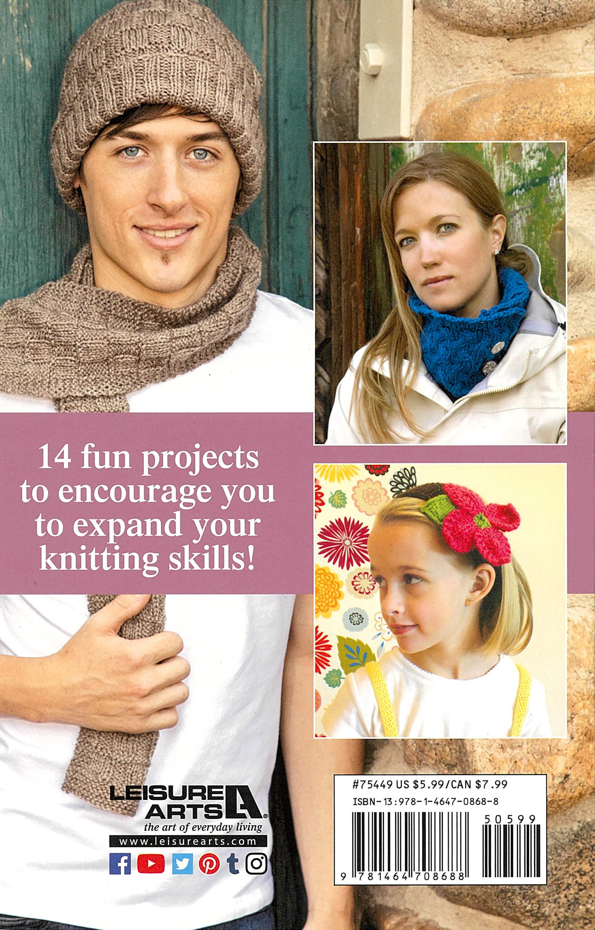 The cover of Love of Knitting—Hats & More by Leisure Arts features a man in a brown scarf and hat, a woman in a blue cowl, and a girl with a red flower headband. Text showcases beginner knitting projects.