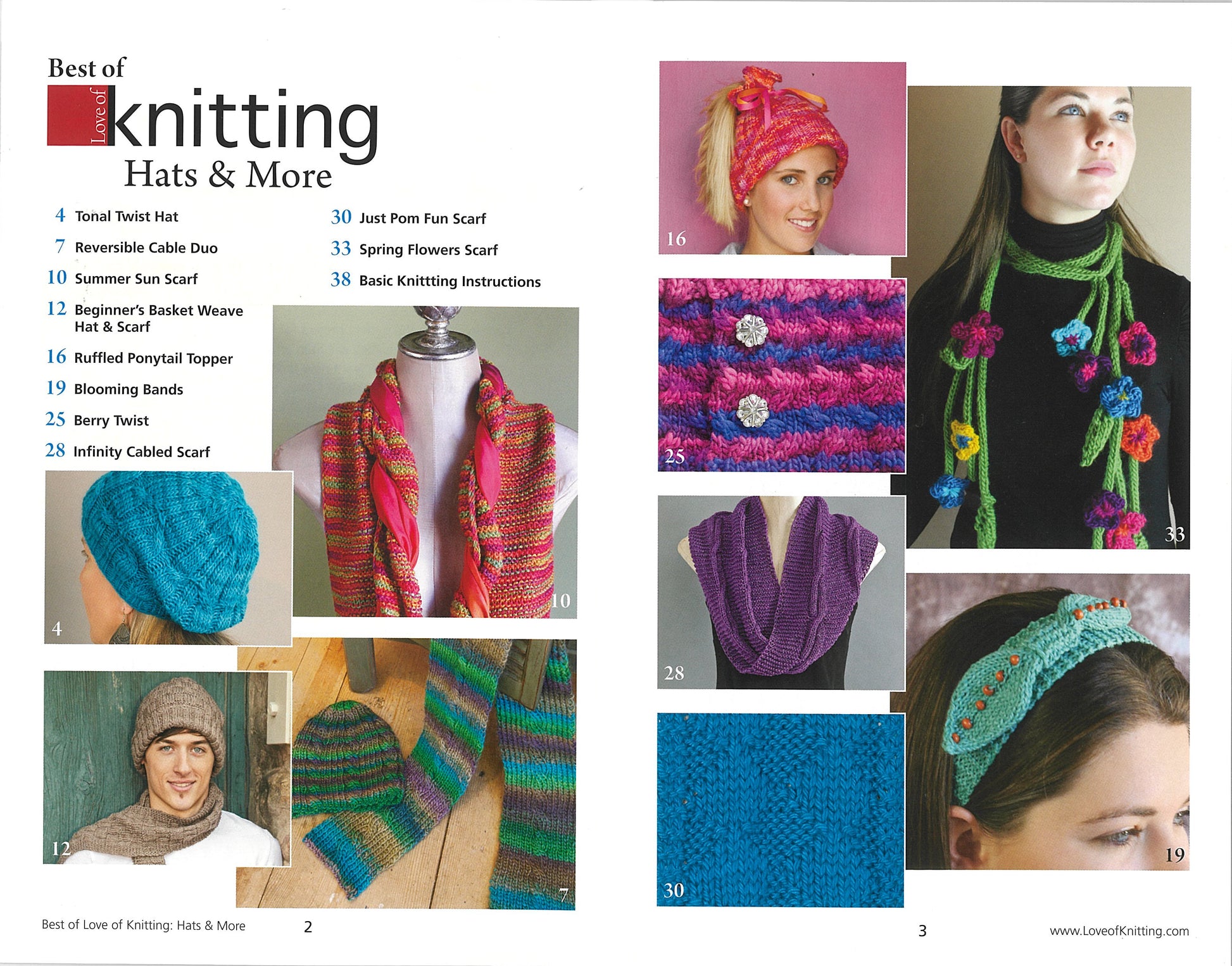 A collage of 10 vibrant hats, scarves, and headbands from Love of Knitting—Hats & More by Leisure Arts showcases different patterns for beginners, with a numbered pattern list on the left—ideal inspiration.