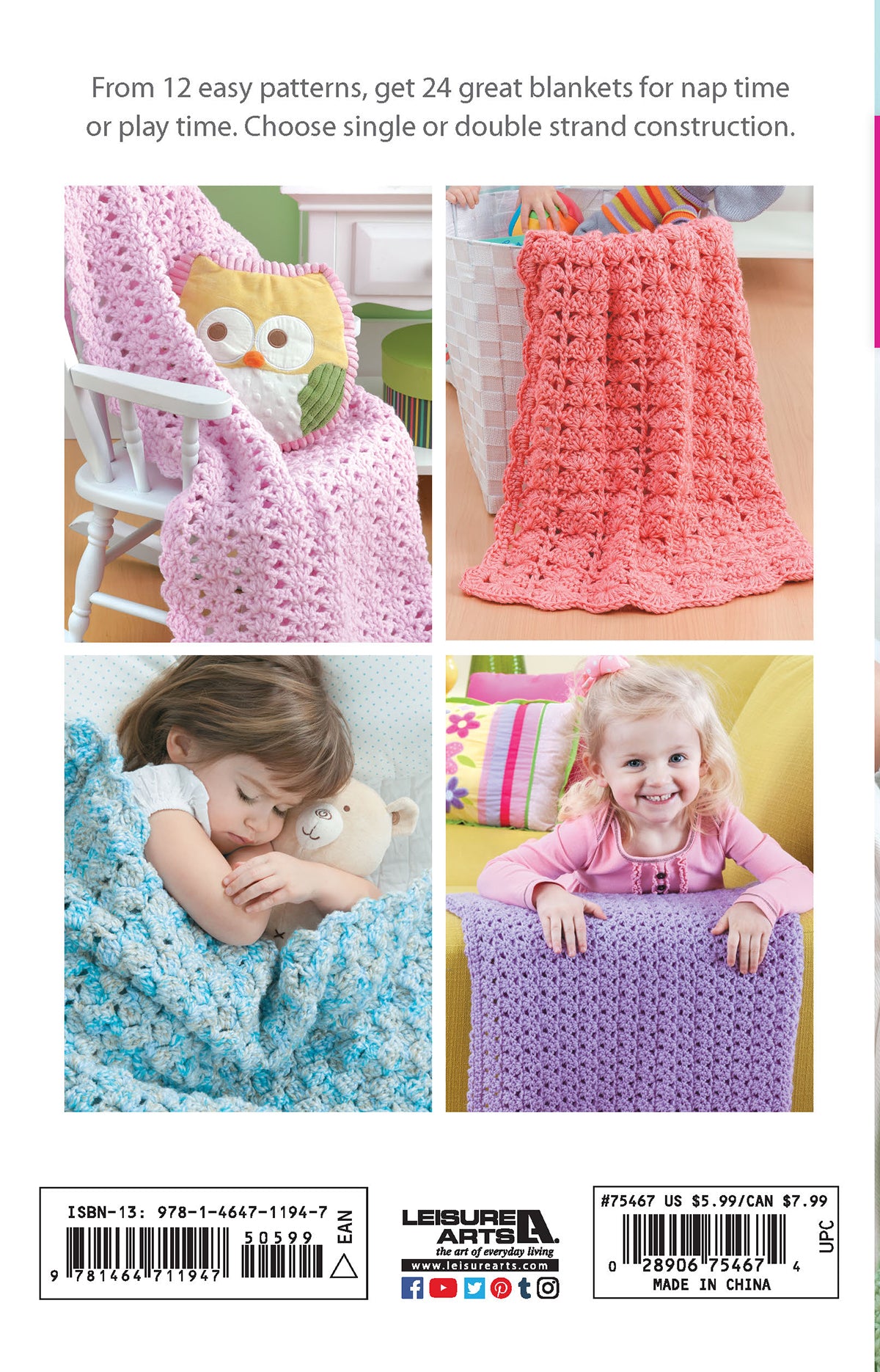 Four photos feature toddlers with Leisure Arts Crochet Blankets for Toddlers in pastel shades: pink on a chair, pink on stairs, blue with a sleeping child, and purple held by a smiling girl—all crafted from medium weight yarn.