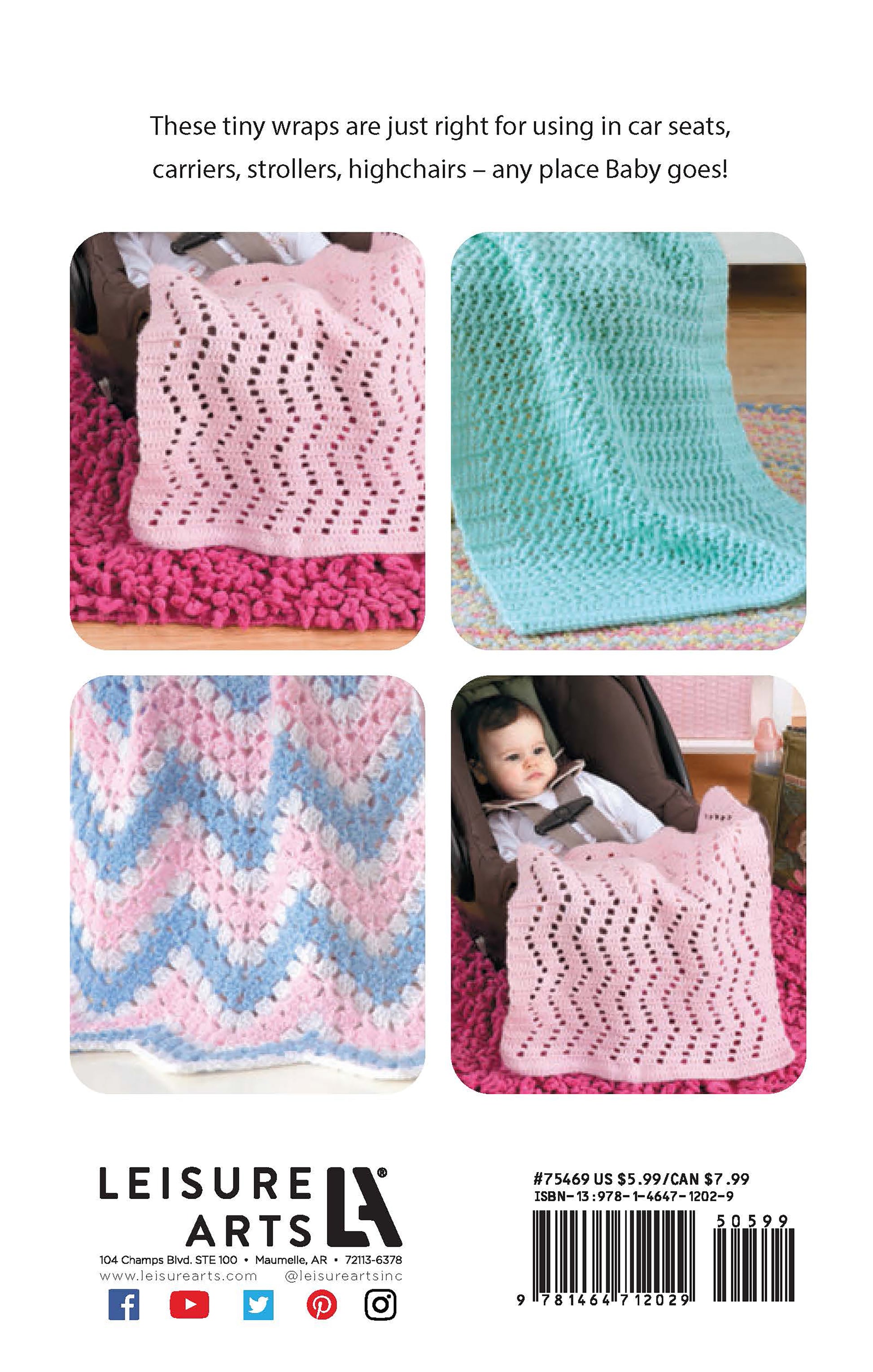 Four photos display pastel Crochet Car Seat Blankets by Leisure Arts in pink, blue, and multicolored patterns—easy crochet blankets perfect for baby shower gifts. One blanket covers a baby in a car seat. Branding appears at the bottom.