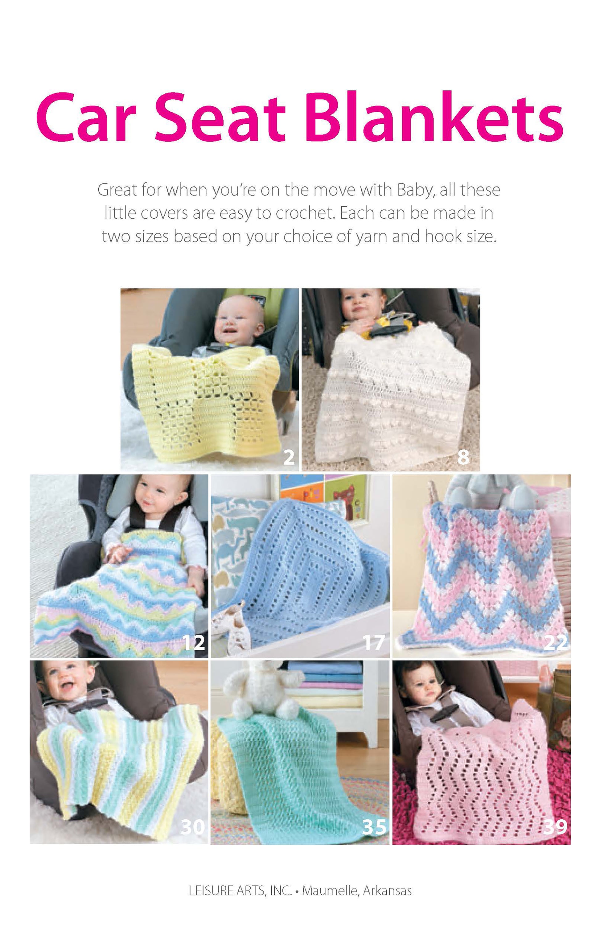 A collage of six babies in car seats, each with a unique pastel Crochet Car Seat Blanket by Leisure Arts. “Car Seat Blankets” in pink text above—ideal for baby showers or making easy crochet gifts.
