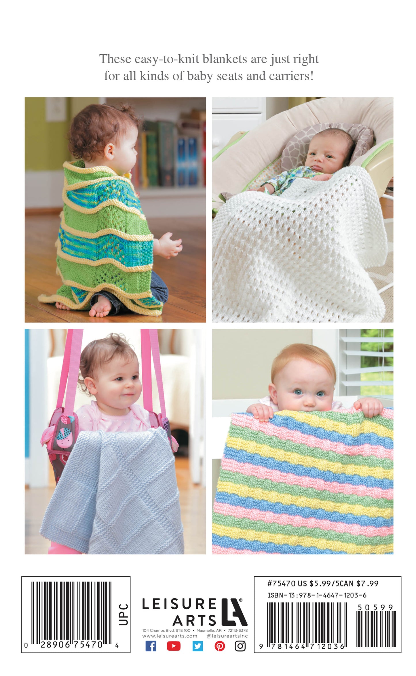 Four images of babies with colorful, hand-knit blankets made from the Leisure Arts Knit Car Seat Blankets Digital Download—perfect for baby showers. Featuring green-striped, white, pastel-striped, and blue quick-to-knit designs.