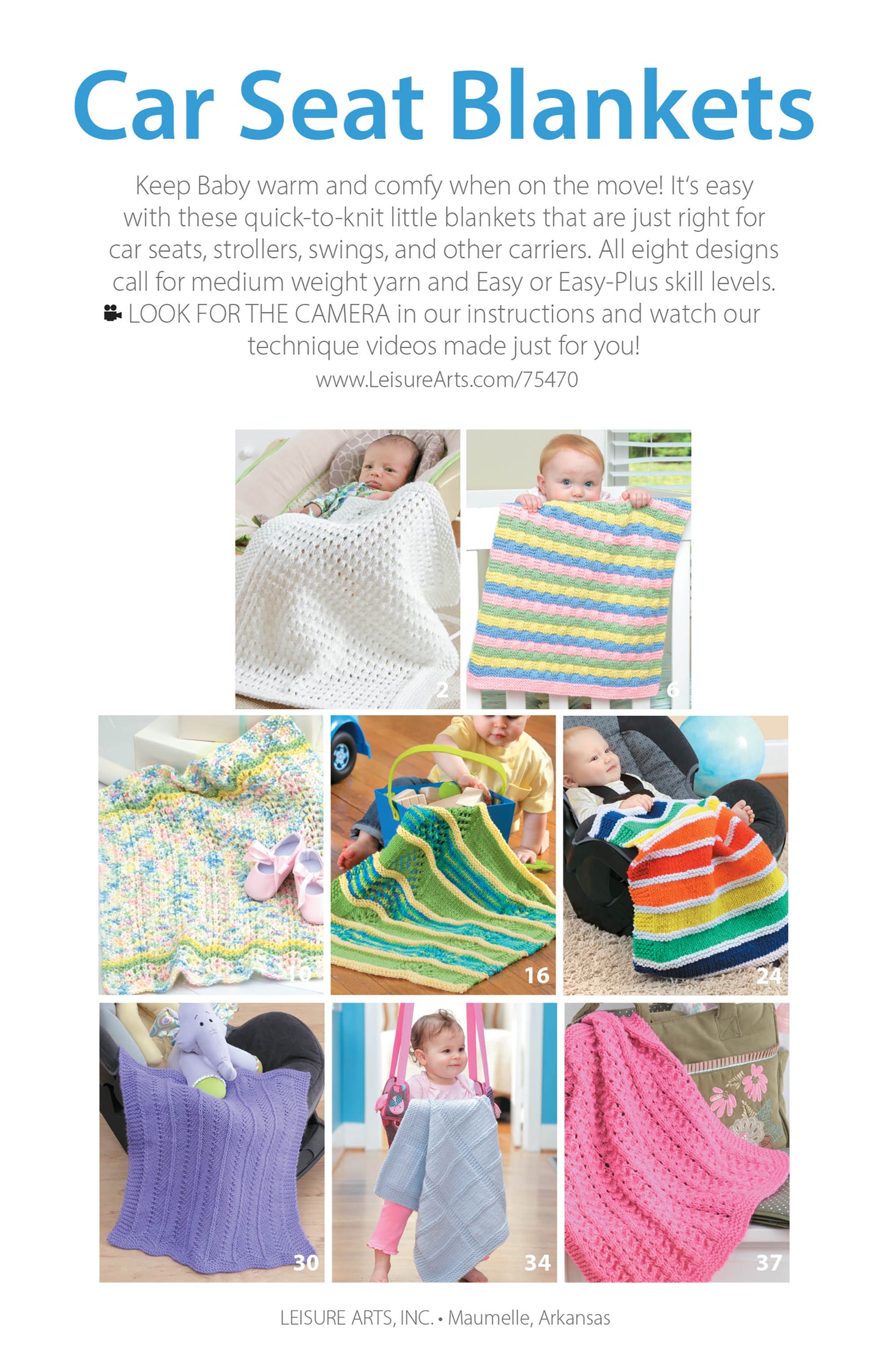 A flyer for “Knit Car Seat Blankets Digital Download” by Leisure Arts features six babies in car seats or chairs wrapped in different easy-to-knit blankets. Includes beginner-friendly patterns, ideal for baby shower gifts, and a website for instructions.