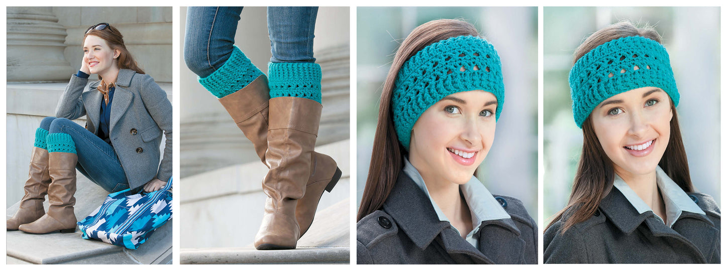 A woman models Leisure Arts Boot Cuffs & Ear Warmers in turquoise, inspired by the Irish sea. She pairs them with a gray coat, jeans, and tan boots, smiling in close-ups of these beginner-friendly accessories.