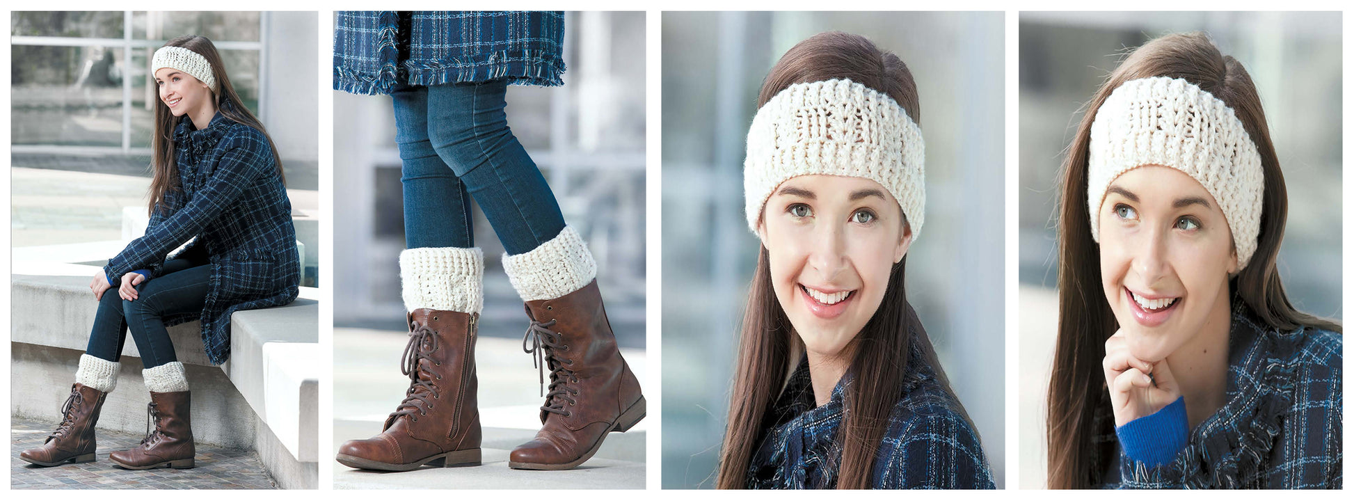 A woman models Leisure Arts’ Boot Cuffs & Ear Warmers, paired with jeans, lace-up boots, and a plaid coat. Close-ups show her smiling and highlight the knit accessories—stylish beginner pieces inspired by the Irish Sea.