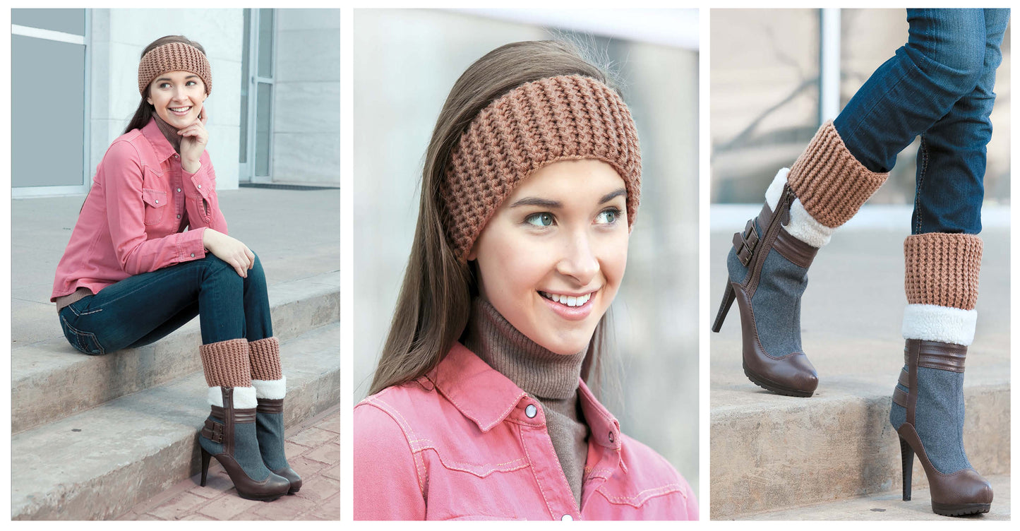 A beginner sits on outdoor steps in a pink shirt, jeans, and crocheted Boot Cuffs & Ear Warmers by Leisure Arts. Three panels show her full look, a close-up, and details of the boots with cross stitch-patterned leg warmers.