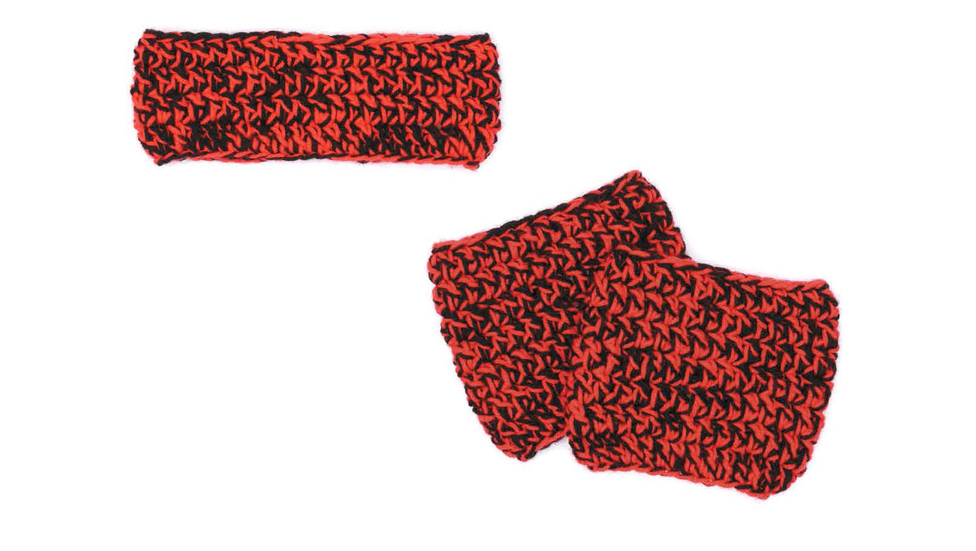 Shown are Leisure Arts Boot Cuffs & Ear Warmers in red and black: a rectangular ear warmer at the top and matching boot cuffs below, all displayed on a white background—great for beginner crafters.