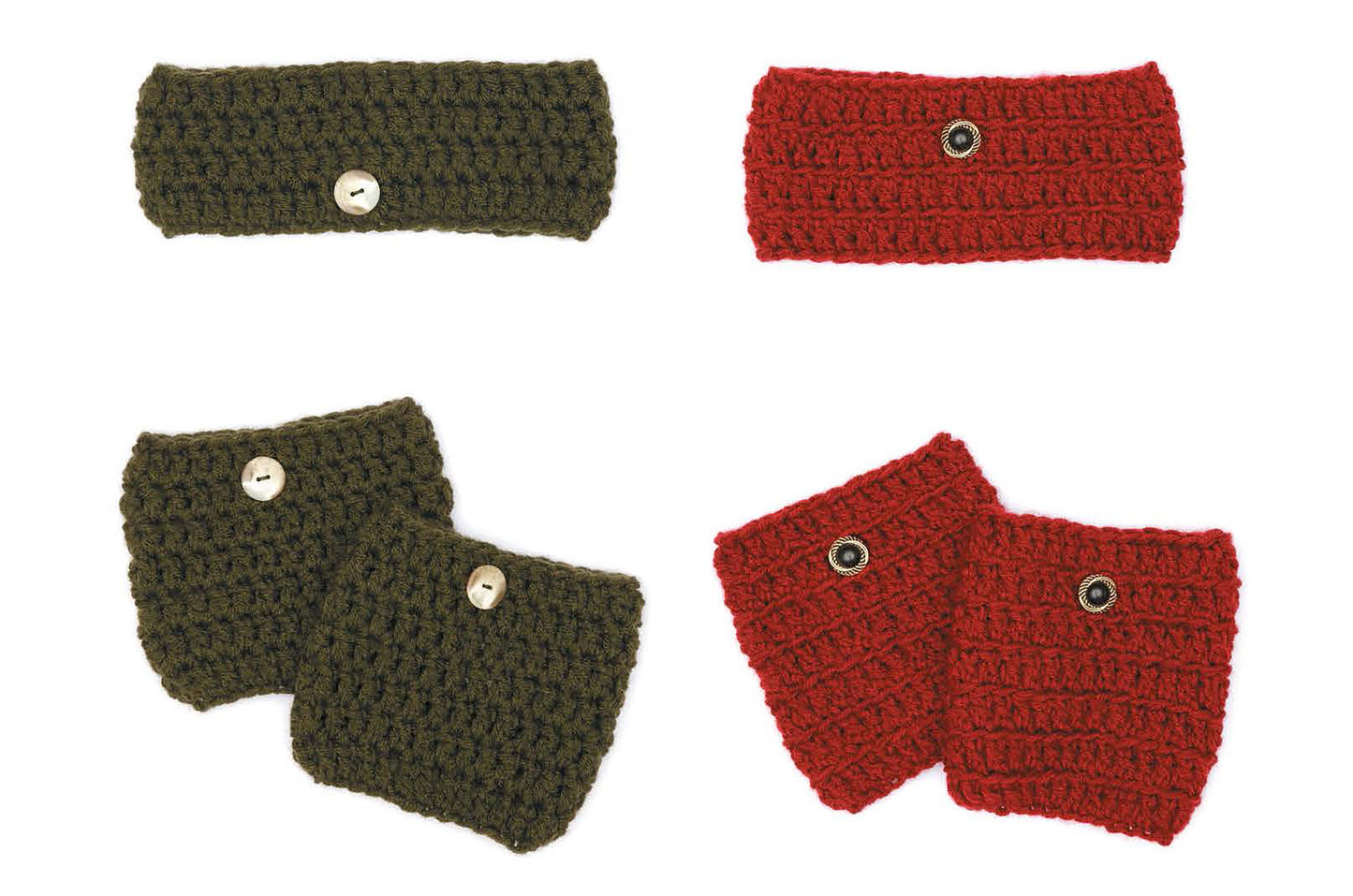 Four sets of Leisure Arts Boot Cuffs & Ear Warmers with buttons, in olive green and classic red, perfect for beginners—all crocheted accessories pictured on a white background.