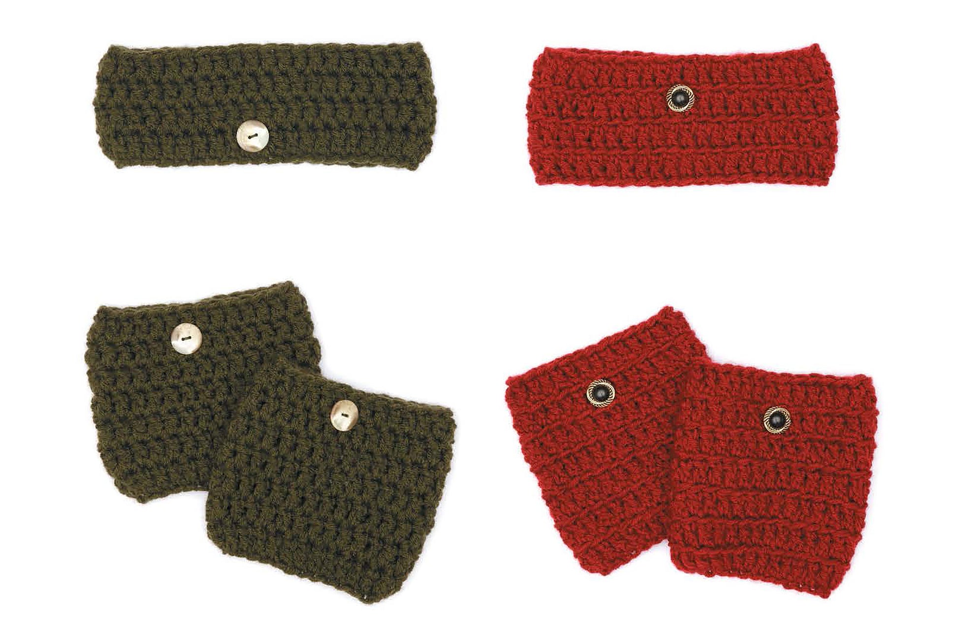Four sets of Leisure Arts Boot Cuffs & Ear Warmers with buttons, in olive green and classic red, perfect for beginners—all crocheted accessories pictured on a white background.