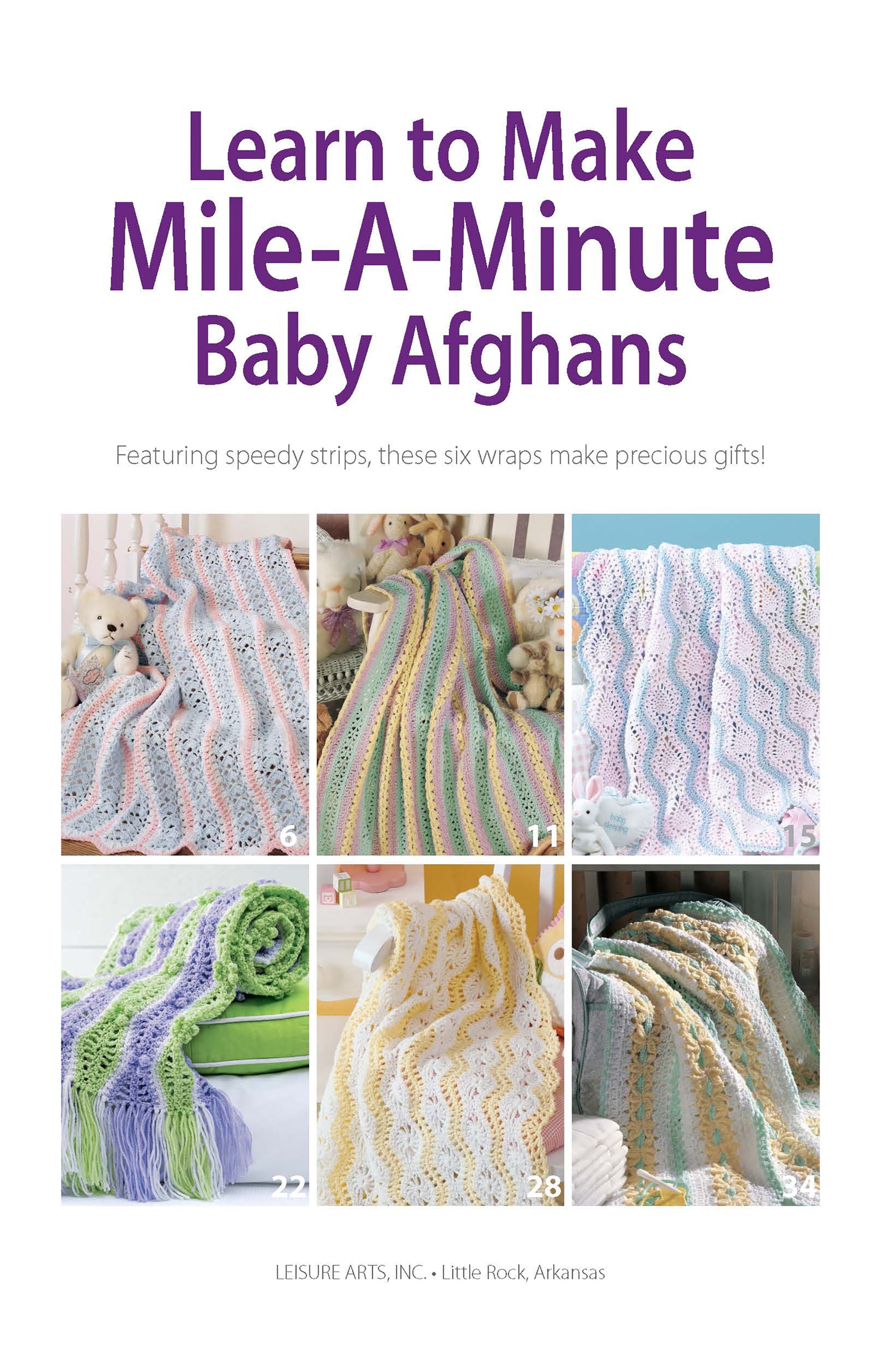 The Leisure Arts Learn to Make Mile-a-Minute Baby Afghans Digital Download features six pastel baby blankets in different mile-a-minute crochet patterns, beautifully displayed—ideal for beginner crocheters.