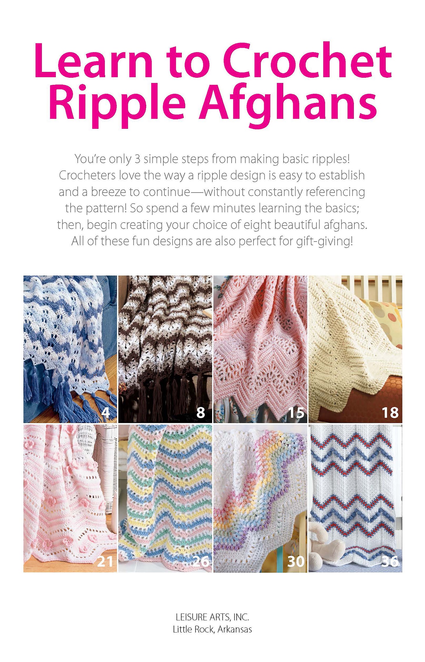 A promo page for Learn to Crochet Ripple Afghans Digital Download by Leisure Arts features a title, brief description, and eight colorful ripple afghan photos from the crochet book, each with its page number for easy reference.
