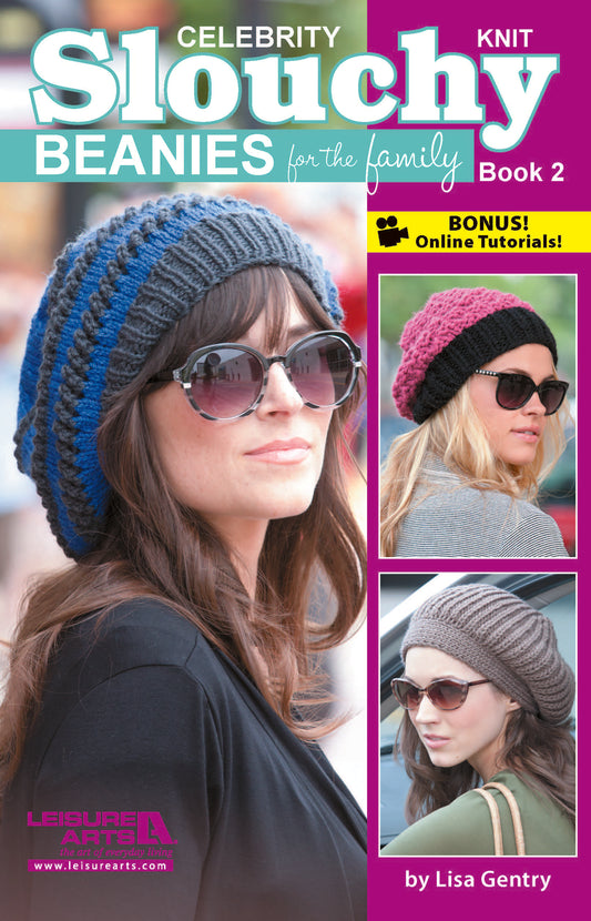 The cover features three women in colorful knit beanies. "Knit Celebrity Slouchy Beanies for the Family Book 2 Digital Download" by Leisure Arts offers family hat patterns, beginner knitting tips, and bonus online tutorials. Author: Lisa Gentry.