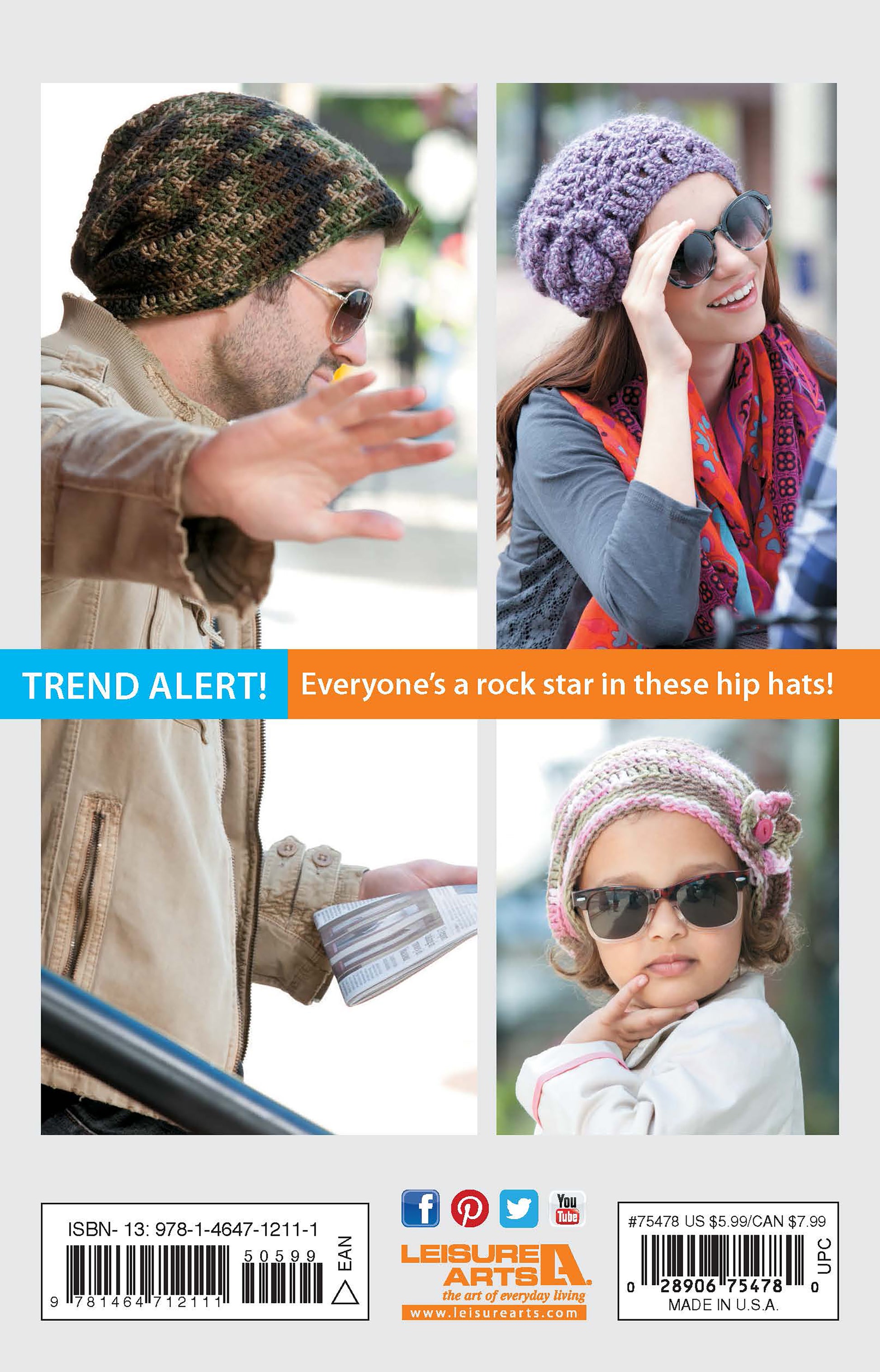 A man, woman, and child wear slouchy beanies in olive, purple, and pink. The banner says, “Everyone’s a rock star in these easy crochet projects!” from Crochet Celebrity Slouchy Beanies for The Family Book 2 by Leisure Arts.