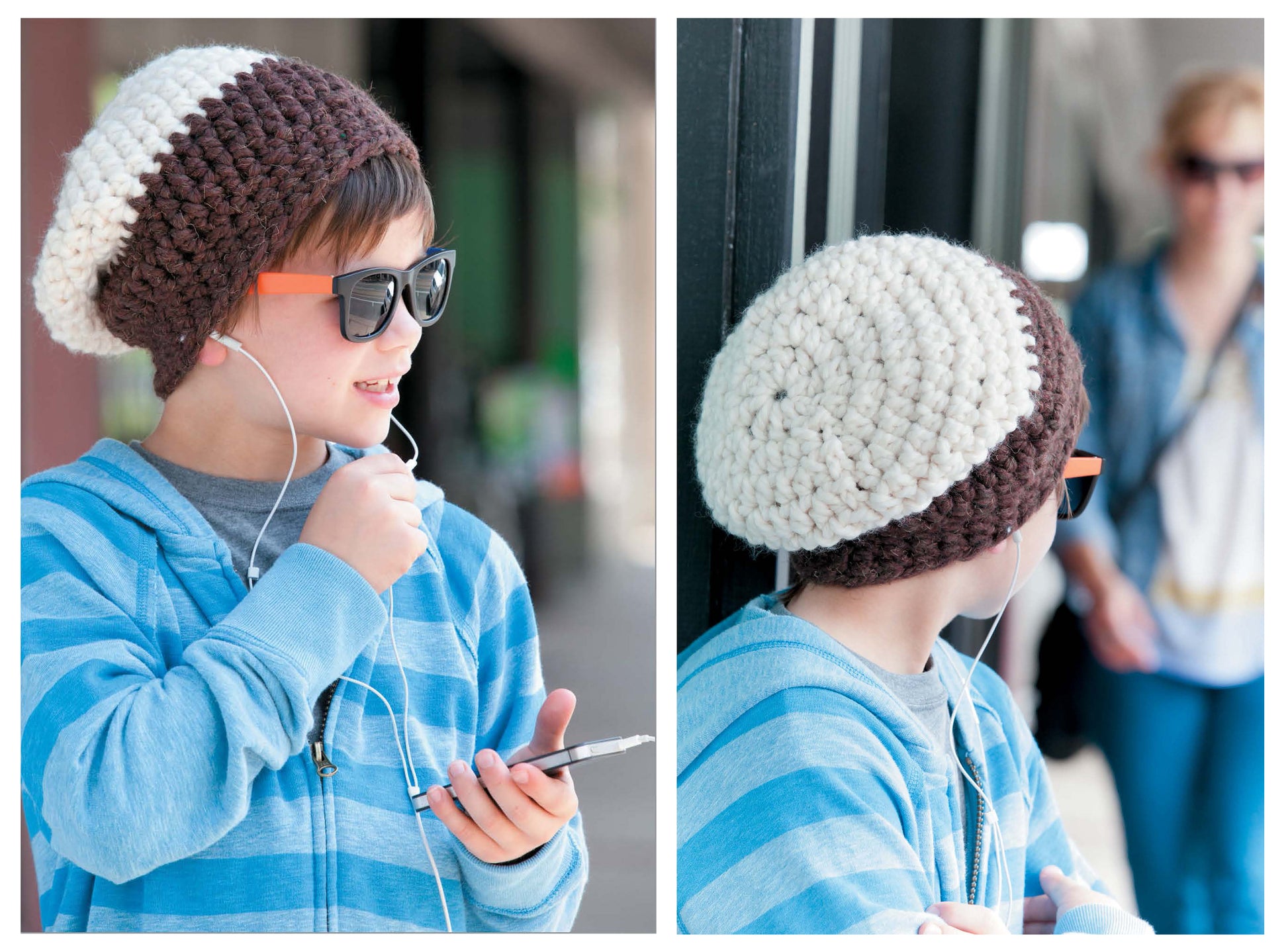 A young person in a blue striped hoodie and oversized sunglasses listens to music, wearing a chunky brown and white beanie inspired by Leisure Arts' "Crochet Celebrity Slouchy Beanies for The Family Book 2," with another person blurred in the background.