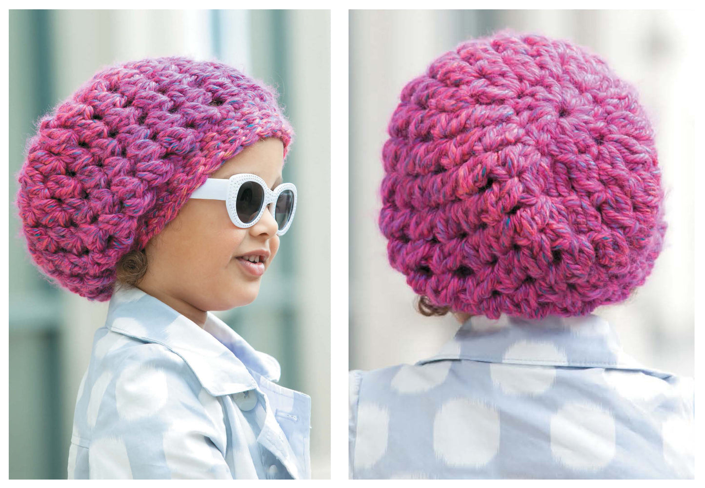 A child models a chunky pink and purple hat from Leisure Arts’ Crochet Celebrity Slouchy Beanies for The Family Book 2, shown from the side and back outdoors, paired with white sunglasses and a light blue polka-dot jacket.