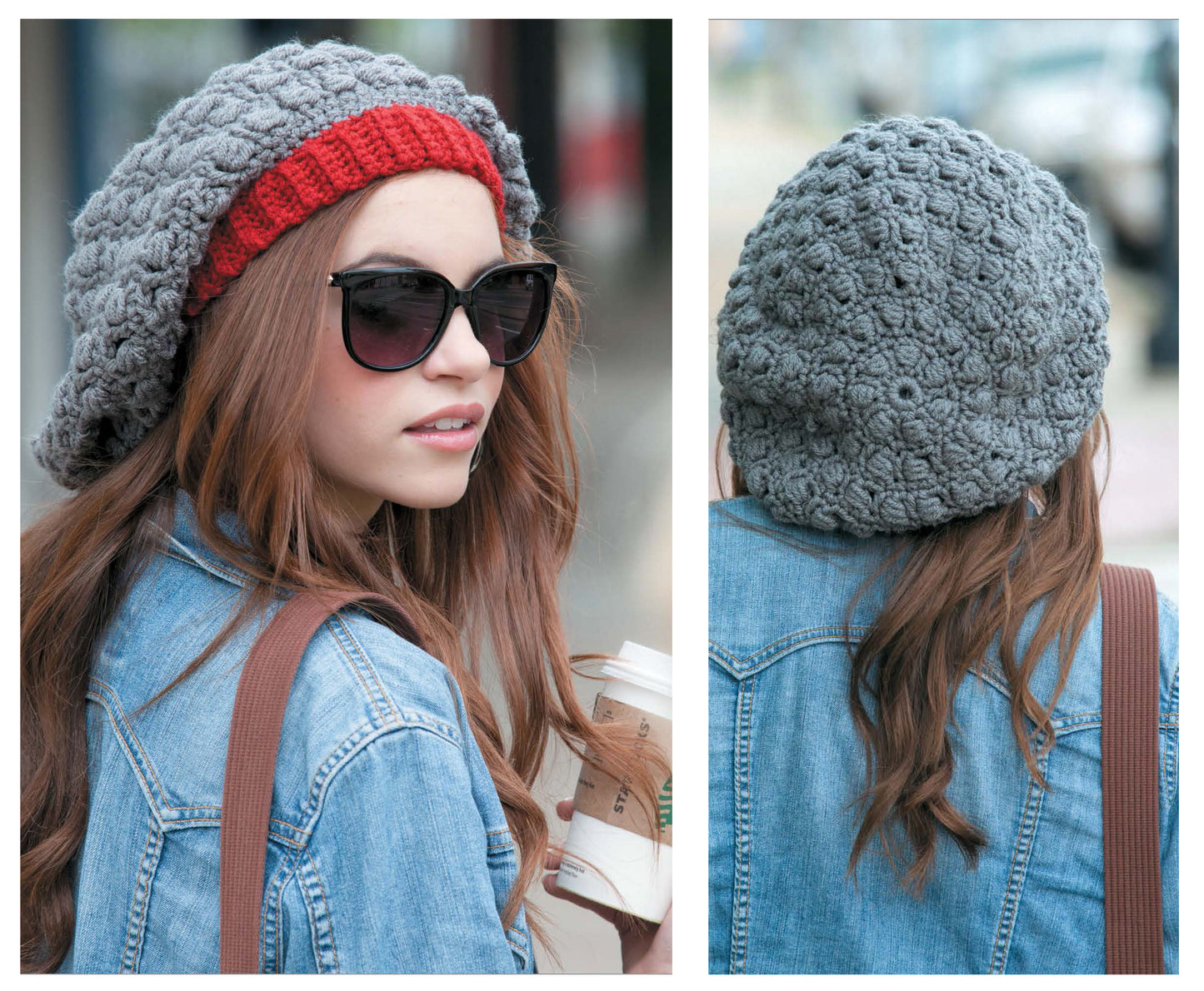 A woman with long brown hair and sunglasses wears a gray and red hat from Leisure Arts' "Crochet Celebrity Slouchy Beanies for The Family Book 2," perfect for beginners, styled with a denim jacket. The second image shows the textured crochet hat from behind.