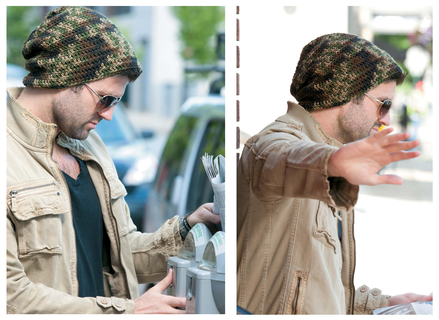 A man in sunglasses, a black shirt, a tan jacket, and a slouchy beanie—crocheted from Leisure Arts’ Crochet Celebrity Slouchy Beanies for The Family Book 2—reads the news at a street stand before raising his arm to block the camera.