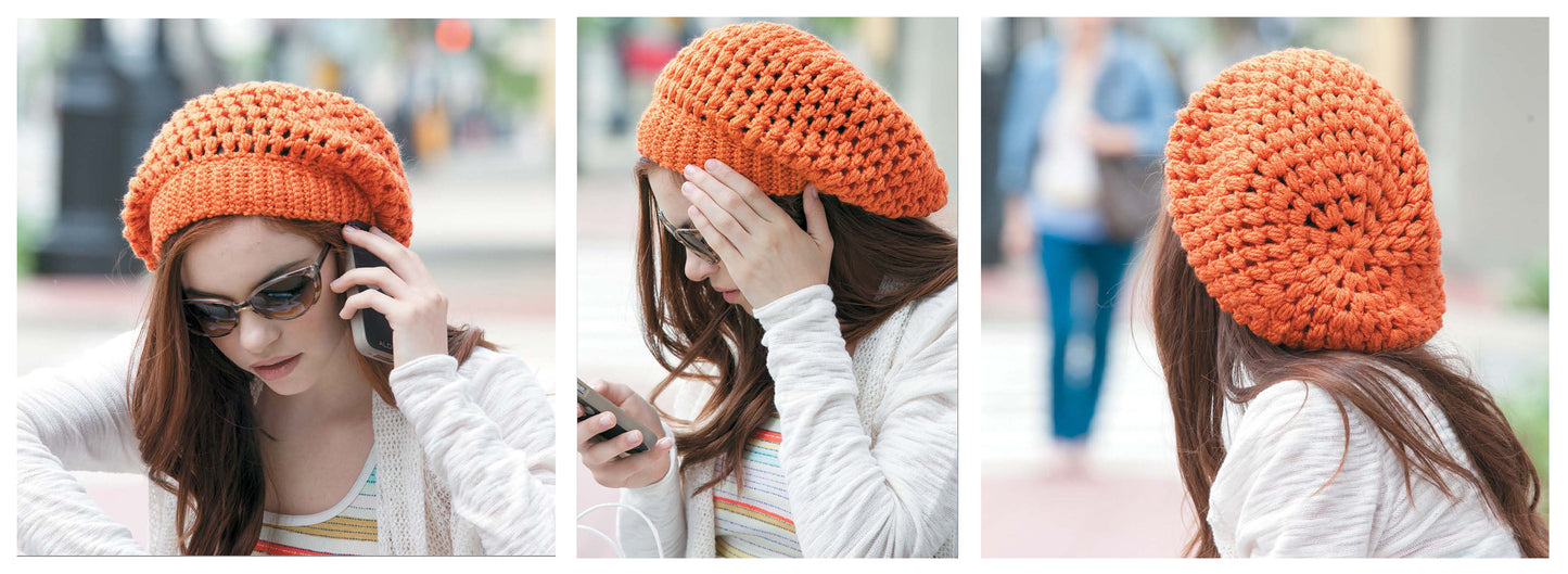 A young woman with long brown hair models a slouchy beanie from the "Crochet Celebrity Slouchy Beanies for The Family Book 2" by Leisure Arts. She wears sunglasses and uses her phone outdoors, with close-up side views of the hat shown in three panels.