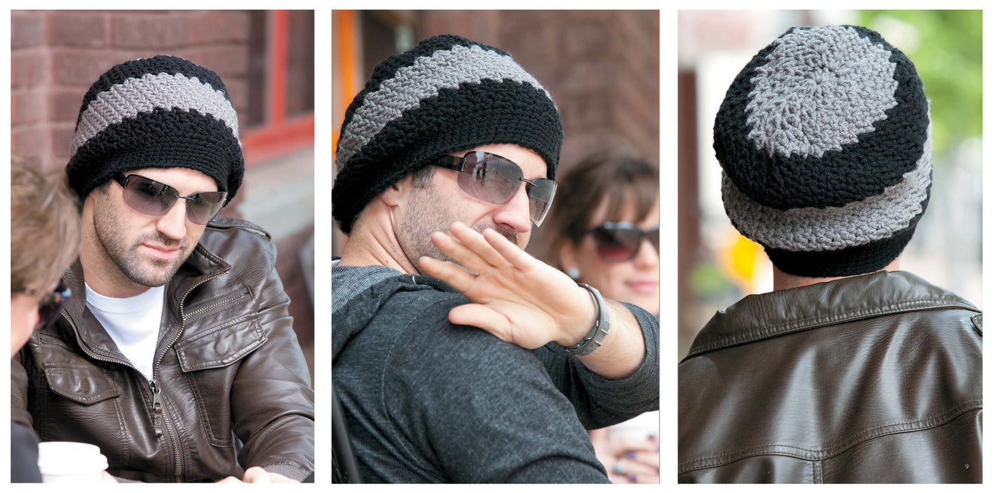 A man wears sunglasses and a black and gray striped slouchy beanie from the Leisure Arts "Crochet Celebrity Slouchy Beanies for The Family Book 2," sitting outdoors in a brown leather jacket, gesturing in a three-photo collage.
