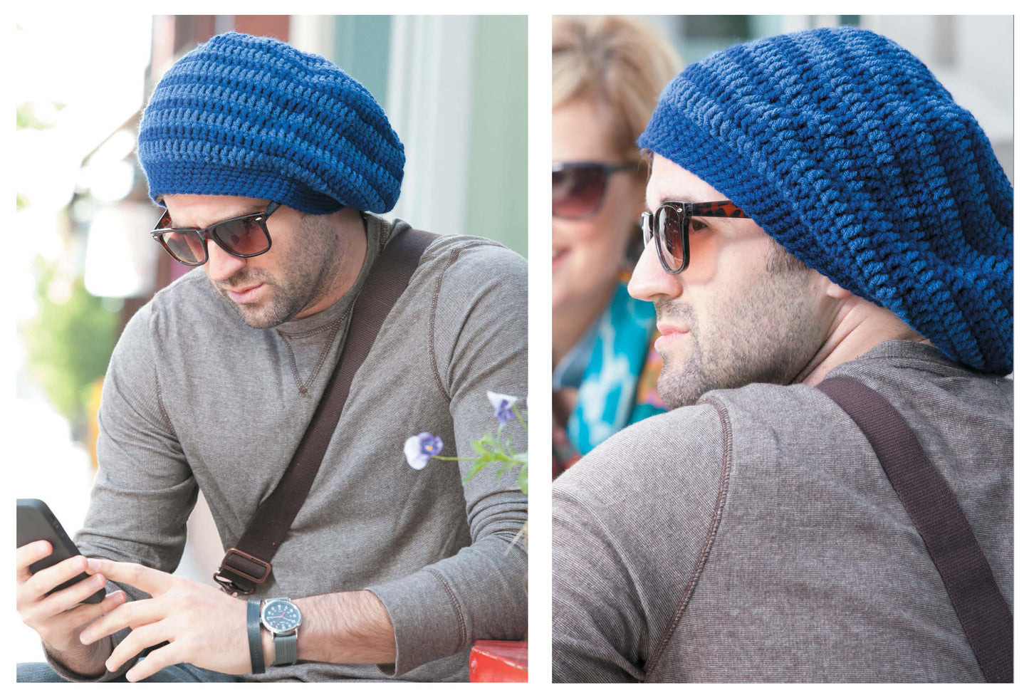 A man in sunglasses, a blue slouchy beanie from "Crochet Celebrity Slouchy Beanies for The Family Book 2" by Leisure Arts, gray long-sleeve shirt, and brown shoulder bag sits outdoors looking at his phone; close-up and side profile views shown.