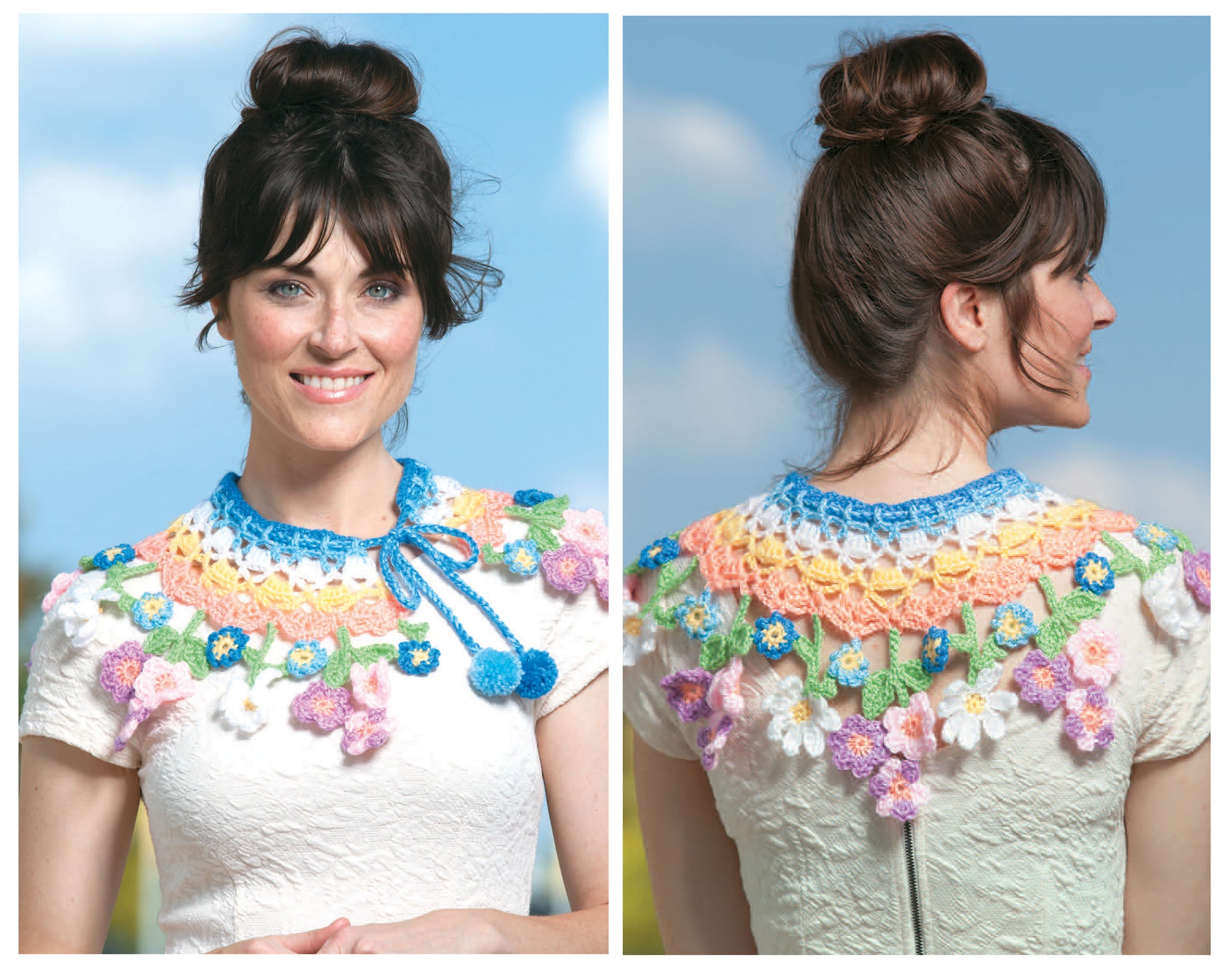 A woman models a vibrant floral collar crocheted with Leisure Arts' Quick Itty Bitties Crochet, shown front and back over a white top. Perfect for beginners, it has multicolored flowers, leaves, and a blue tie neckline.