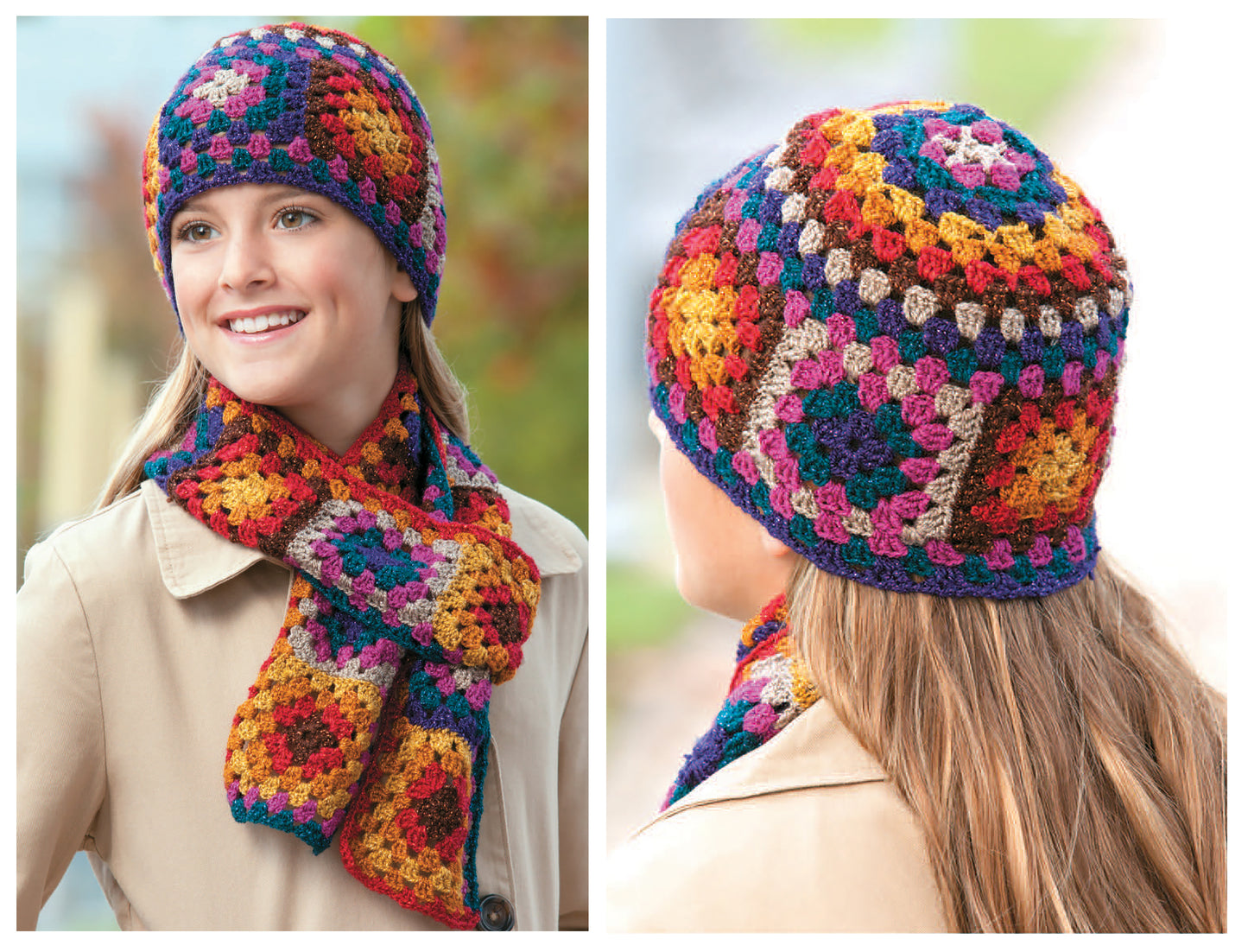 A woman sports a beige coat with a colorful, granny square hat and scarf—an inspiring beginner project idea using Leisure Arts' Quick Itty Bitties Crochet, featuring vibrant red, blue, yellow, orange, and purple yarns.