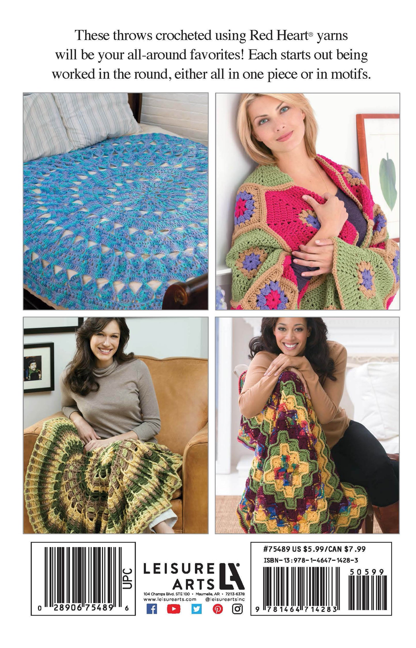 Four images of women with colorful throws from Leisure Arts' "Crochet Throws Worked in the Round" digital download; includes easy to intermediate afghan patterns such as a blue bedspread, pink and green shawl, yellow-green throw, and multicolored blanket.