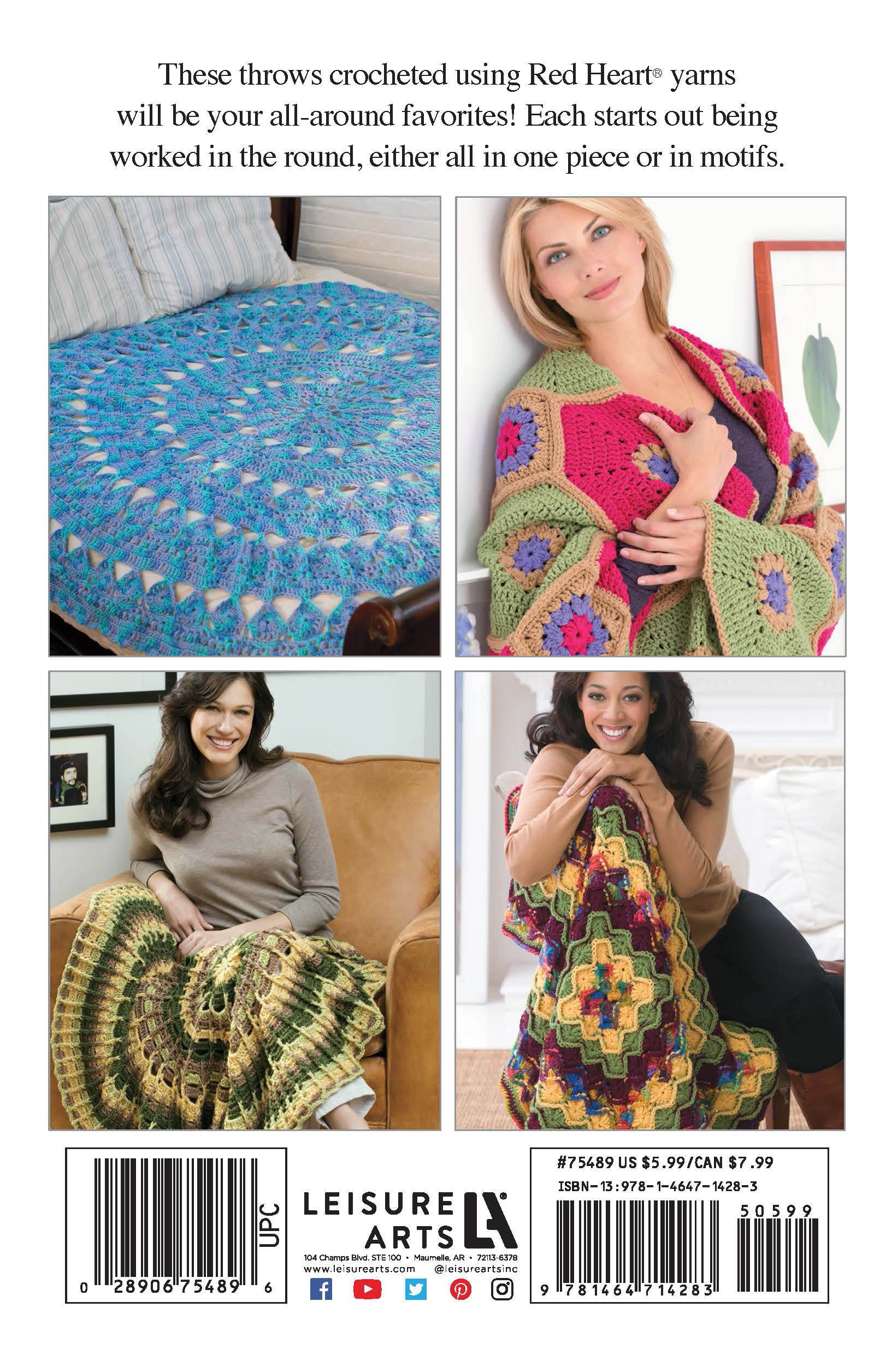 Four images of women with colorful throws from Leisure Arts' "Crochet Throws Worked in the Round" digital download; includes easy to intermediate afghan patterns such as a blue bedspread, pink and green shawl, yellow-green throw, and multicolored blanket.