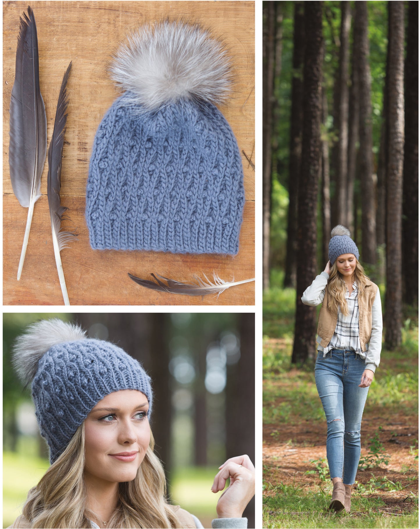 A collage featuring the Leisure Arts "Alaskan Hats Using Slip Stitch" digital download: a blue knit hat with faux fur pompom and feathers, close-ups of it worn, and forest walks—ideal inspiration for stylish crochet hat patterns.