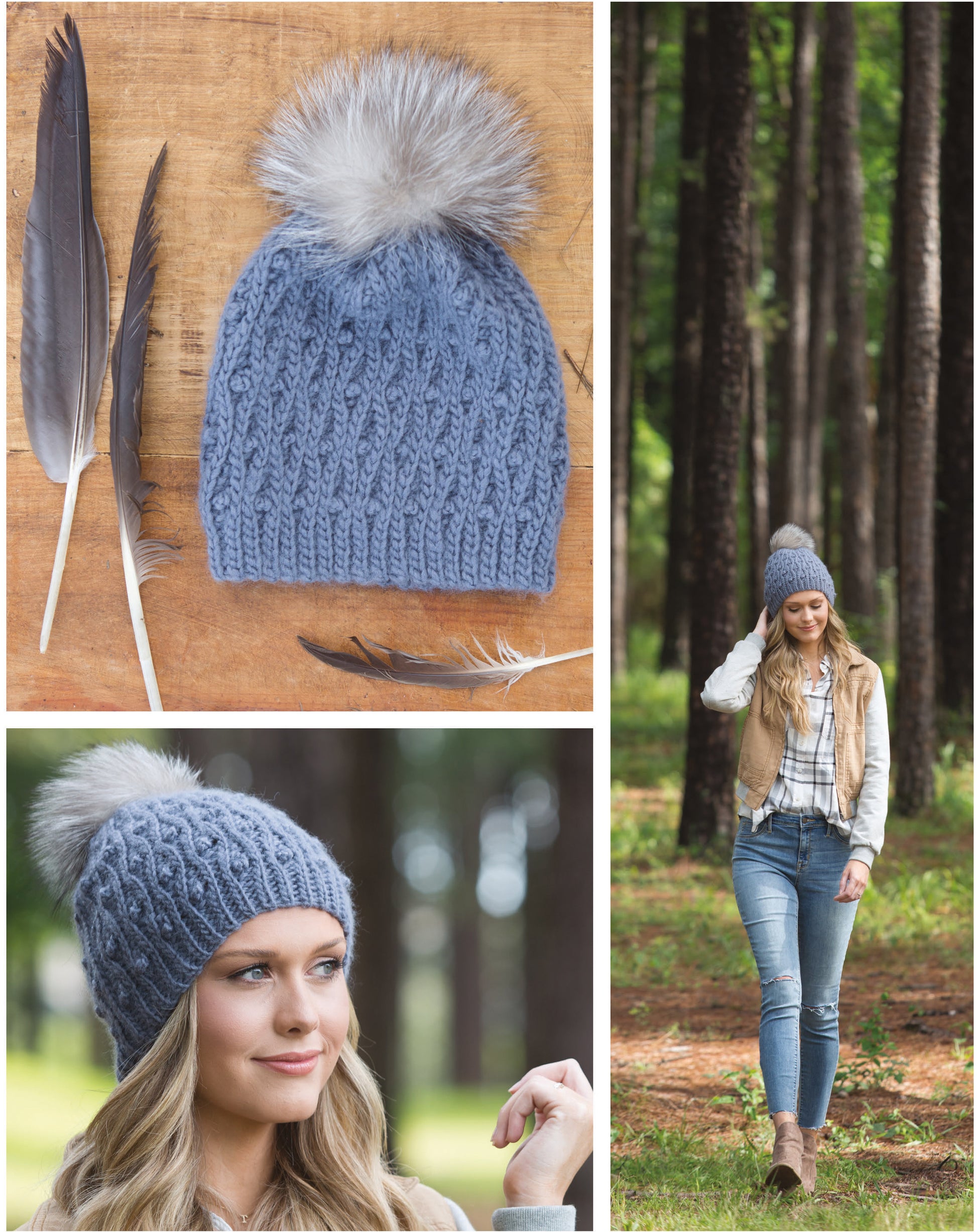 A collage featuring the Leisure Arts "Alaskan Hats Using Slip Stitch" digital download: a blue knit hat with faux fur pompom and feathers, close-ups of it worn, and forest walks—ideal inspiration for stylish crochet hat patterns.