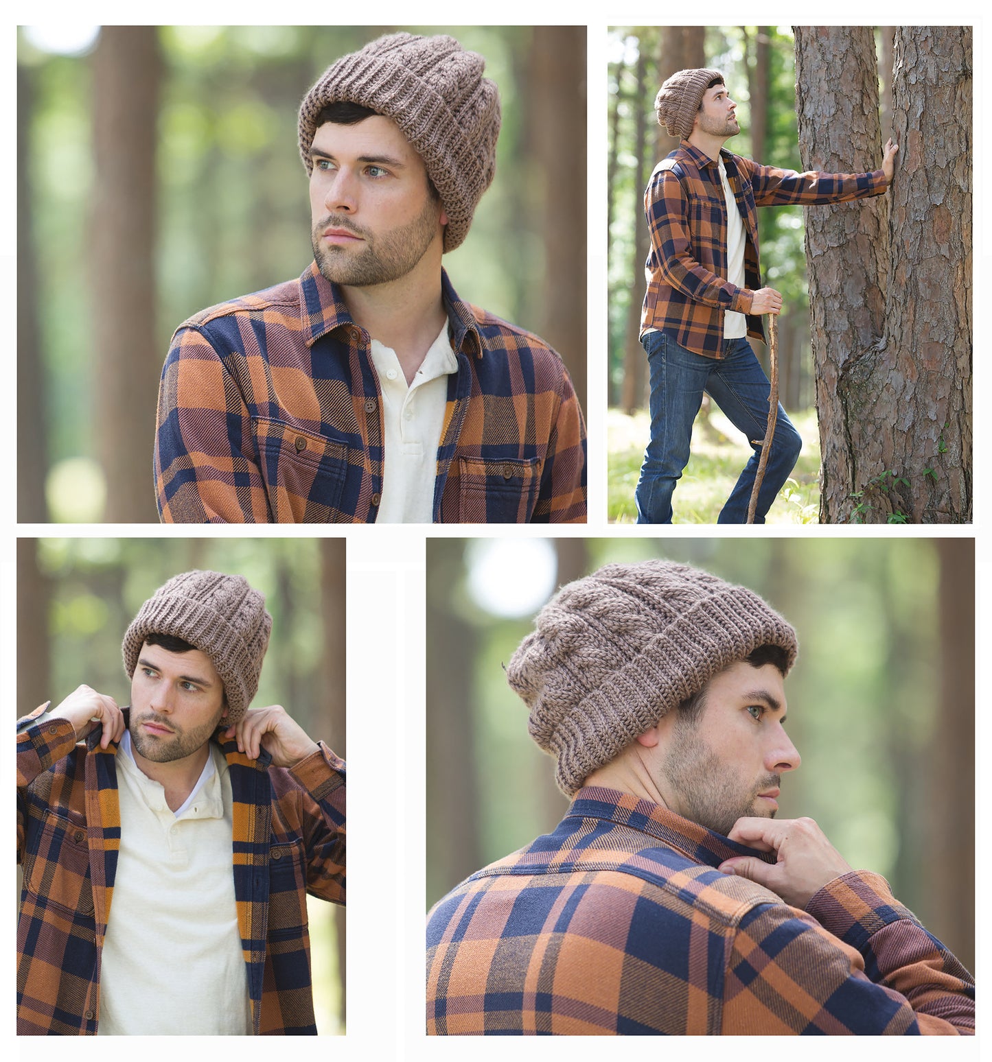 A man models the Alaskan Hats Using Slip Stitch by Leisure Arts, wearing the easy crochet hat in a forest while posing in a plaid shirt and jeans for outdoor photos.