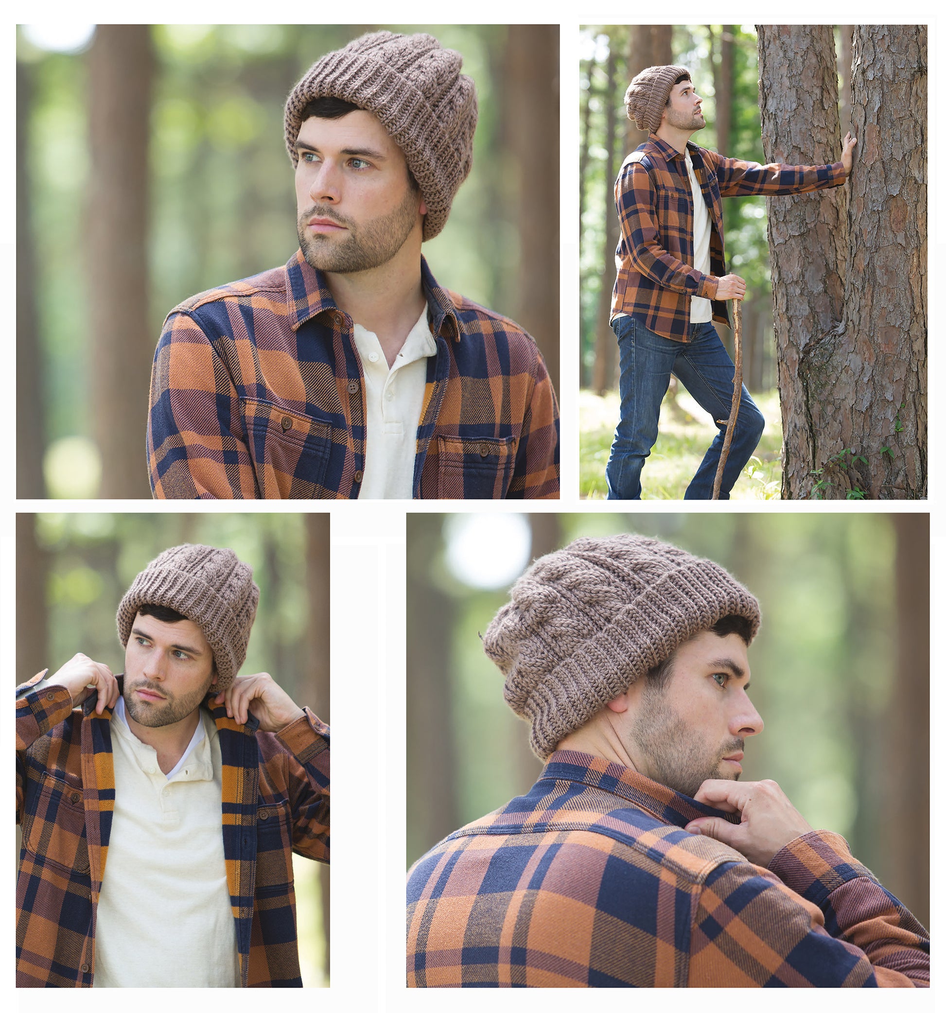A man models the Alaskan Hats Using Slip Stitch by Leisure Arts, wearing the easy crochet hat in a forest while posing in a plaid shirt and jeans for outdoor photos.