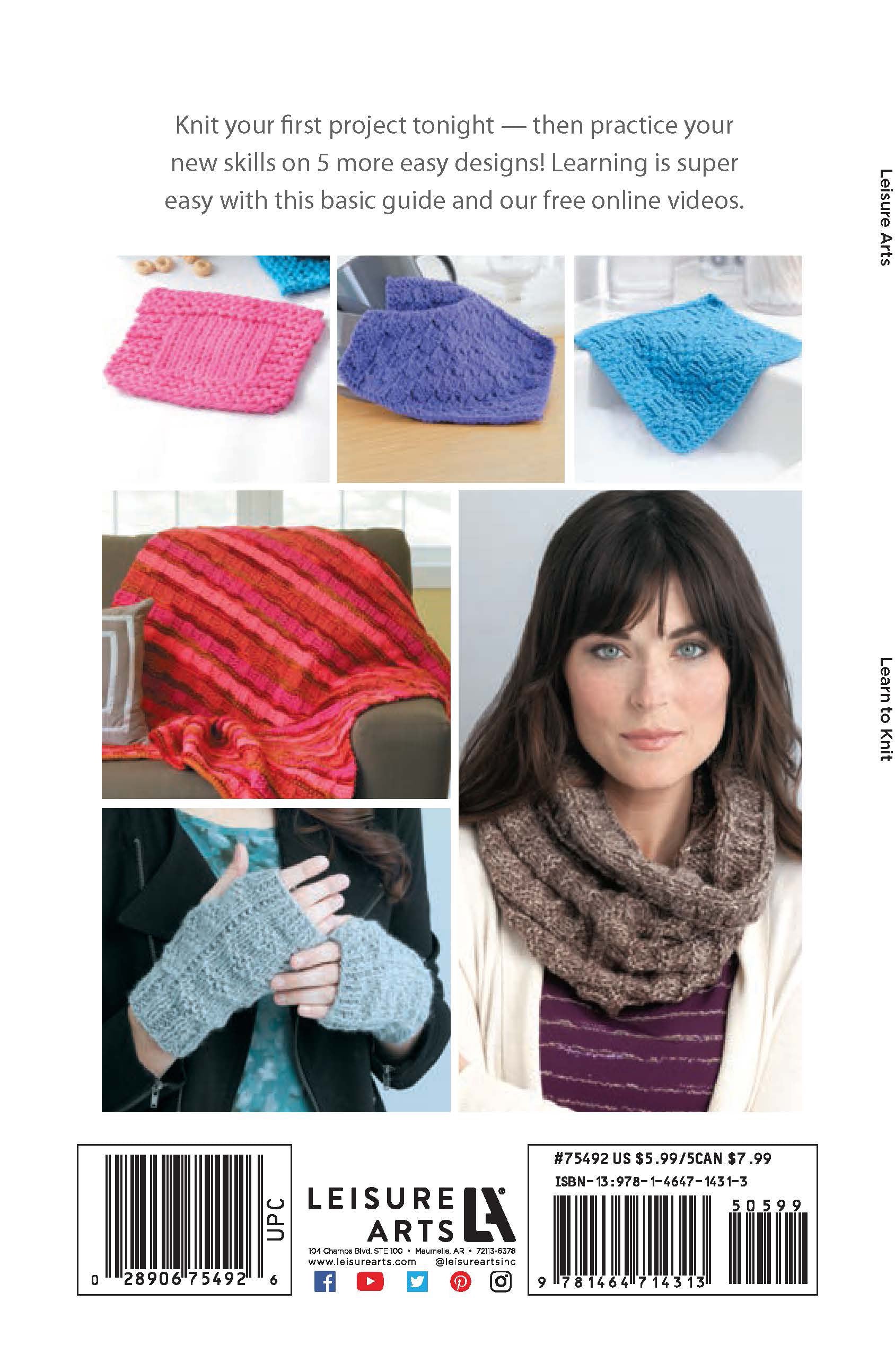 Collage from Leisure Arts' "Learn to Knit—Easy Step-by-Step How-Tos, Eye-Catching Beginner Projects" shows pink and blue dishcloths, blue washcloth, striped pink blanket, gray mittens on hands, and a woman in a brown knit scarf.