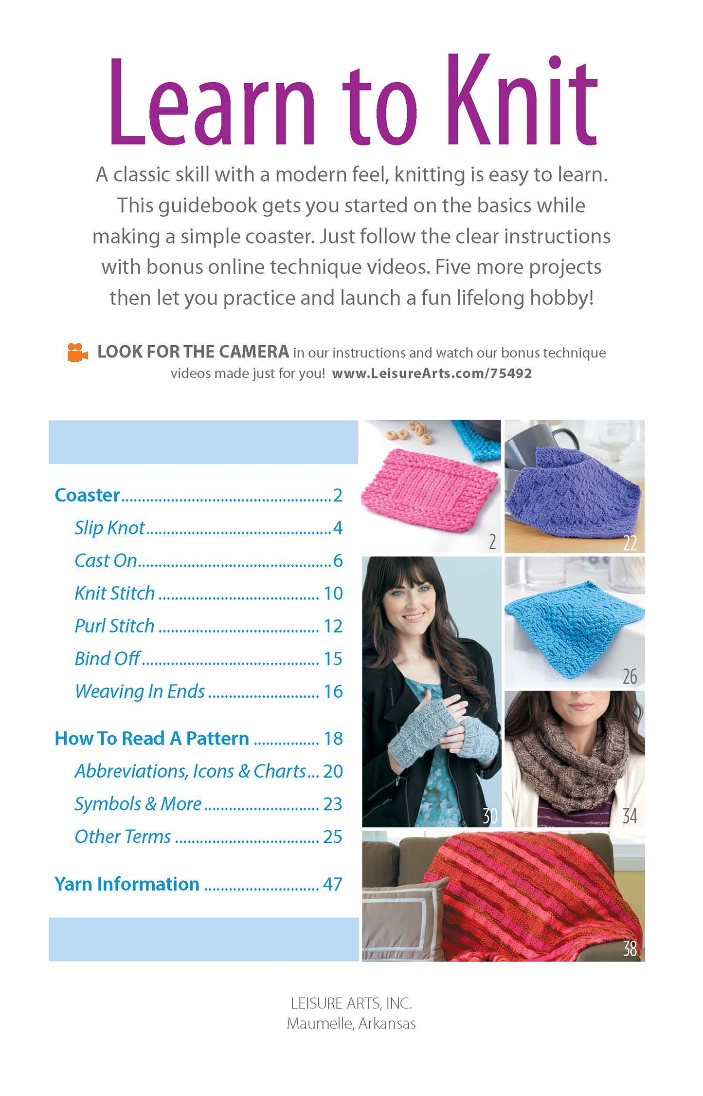 The Learn to Knit—Easy Step-by-Step How-Tos, Eye-Catching Beginner Projects Digital Download by Leisure Arts features a cover with colorful bulky yarn projects, a contents list of instructions, and a smiling woman holding pink yarn and needles.
