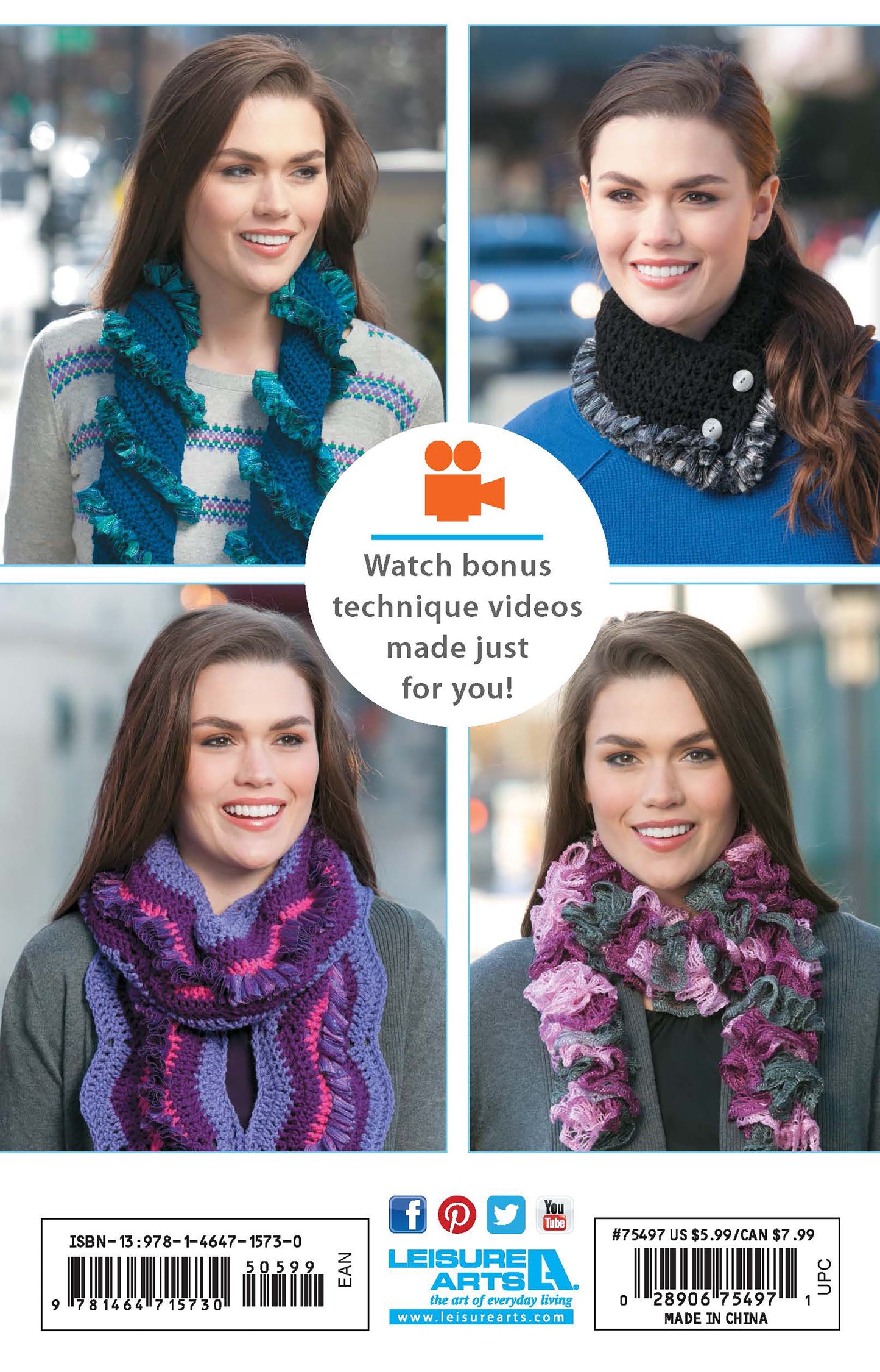Four women showcase ruffled knit scarves and a cowl in blue, black, purple, and pink from Crochet Fashion Neckwear by Leisure Arts. Center text highlights bonus technique videos. Social media icons and a barcode are at the bottom.