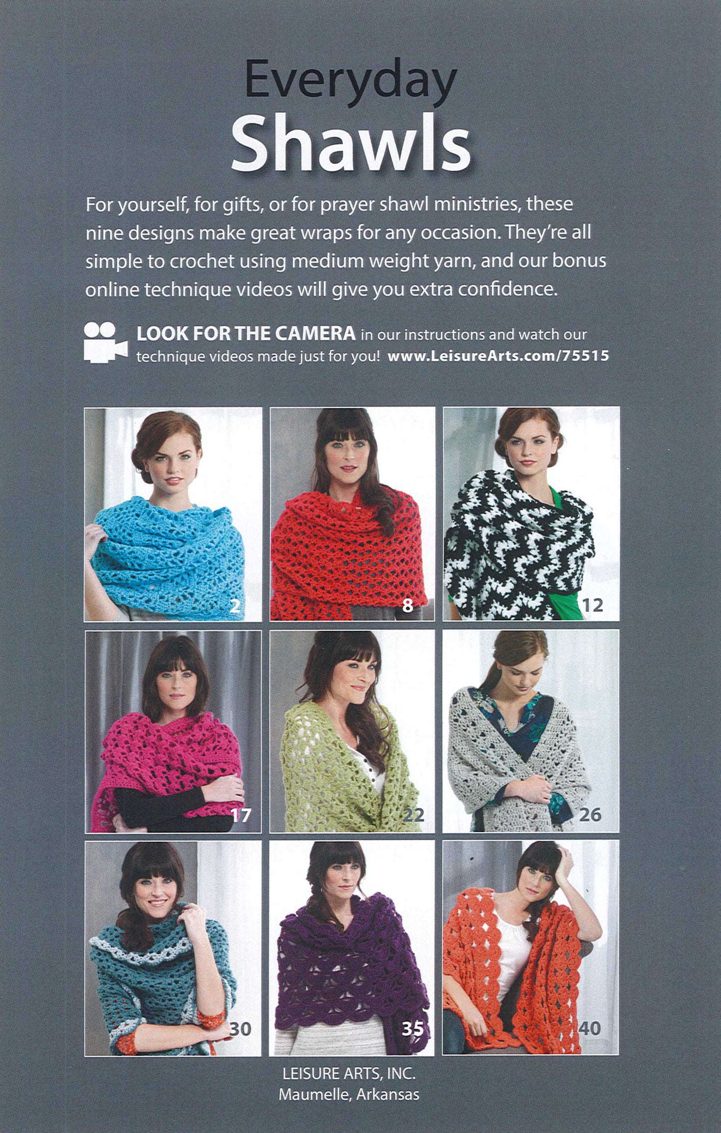 Six women model vibrant shawls made with worsted weight yarn, each labeled for easy choice. Text promotes "Everyday Shawls" beginner patterns by Leisure Arts.