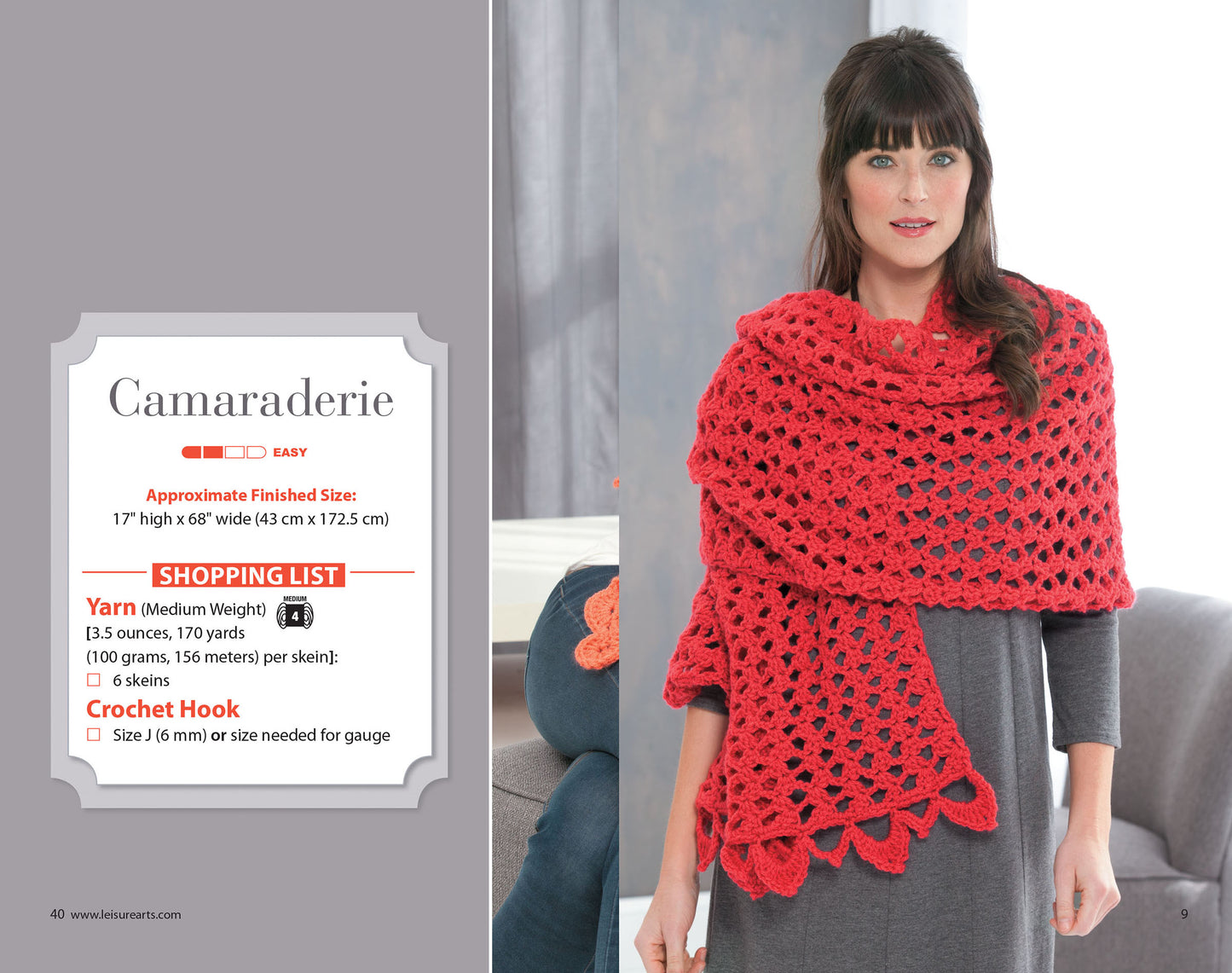 A woman with long brown hair wears a gray dress and a large red shawl. Next to her is Leisure Arts' Everyday Shawls pattern, featuring details and a shopping list for making beginner crochet shawls with worsted weight yarn.