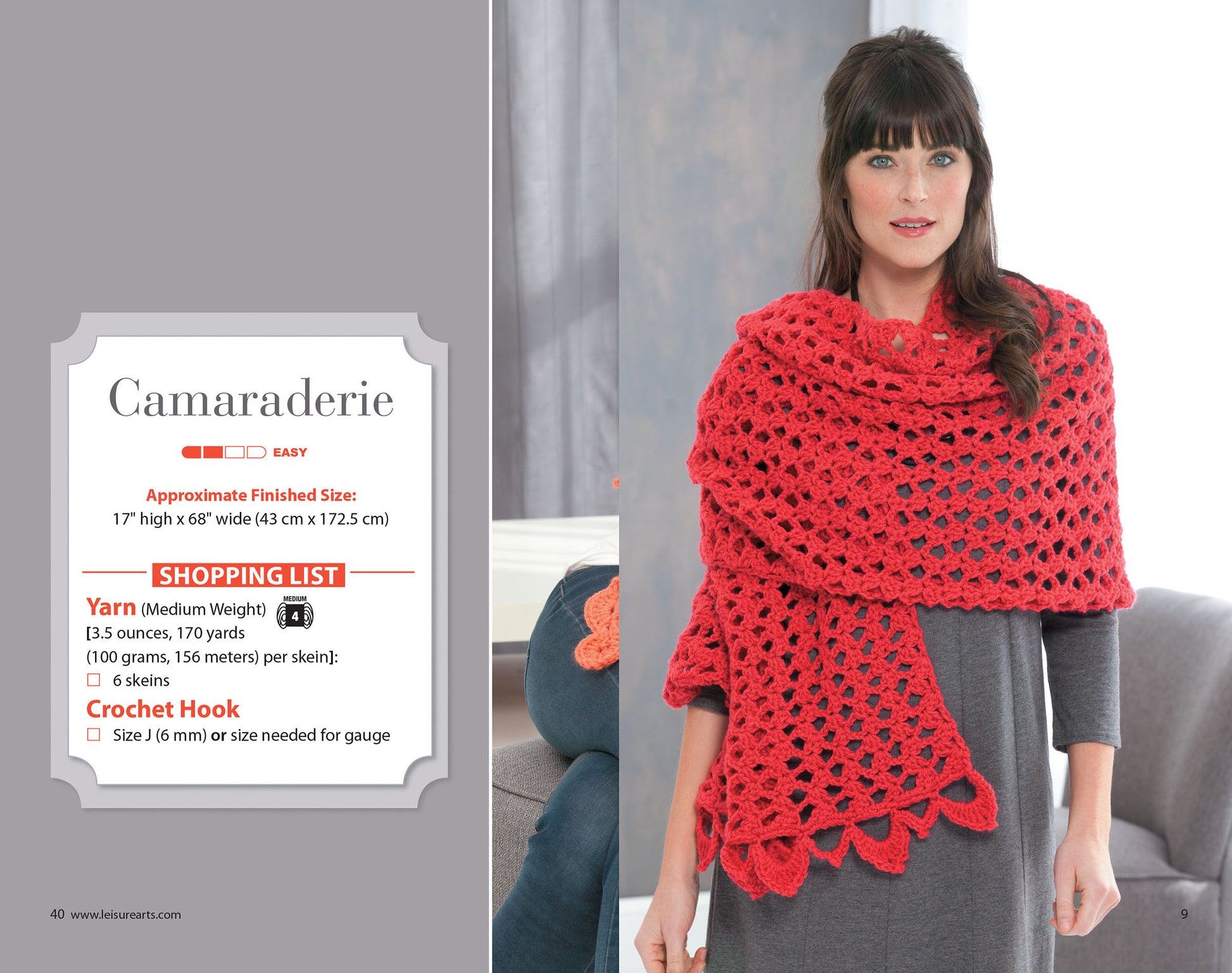 A woman with long brown hair wears a gray dress and a large red shawl. Next to her is Leisure Arts' Everyday Shawls pattern, featuring details and a shopping list for making beginner crochet shawls with worsted weight yarn.