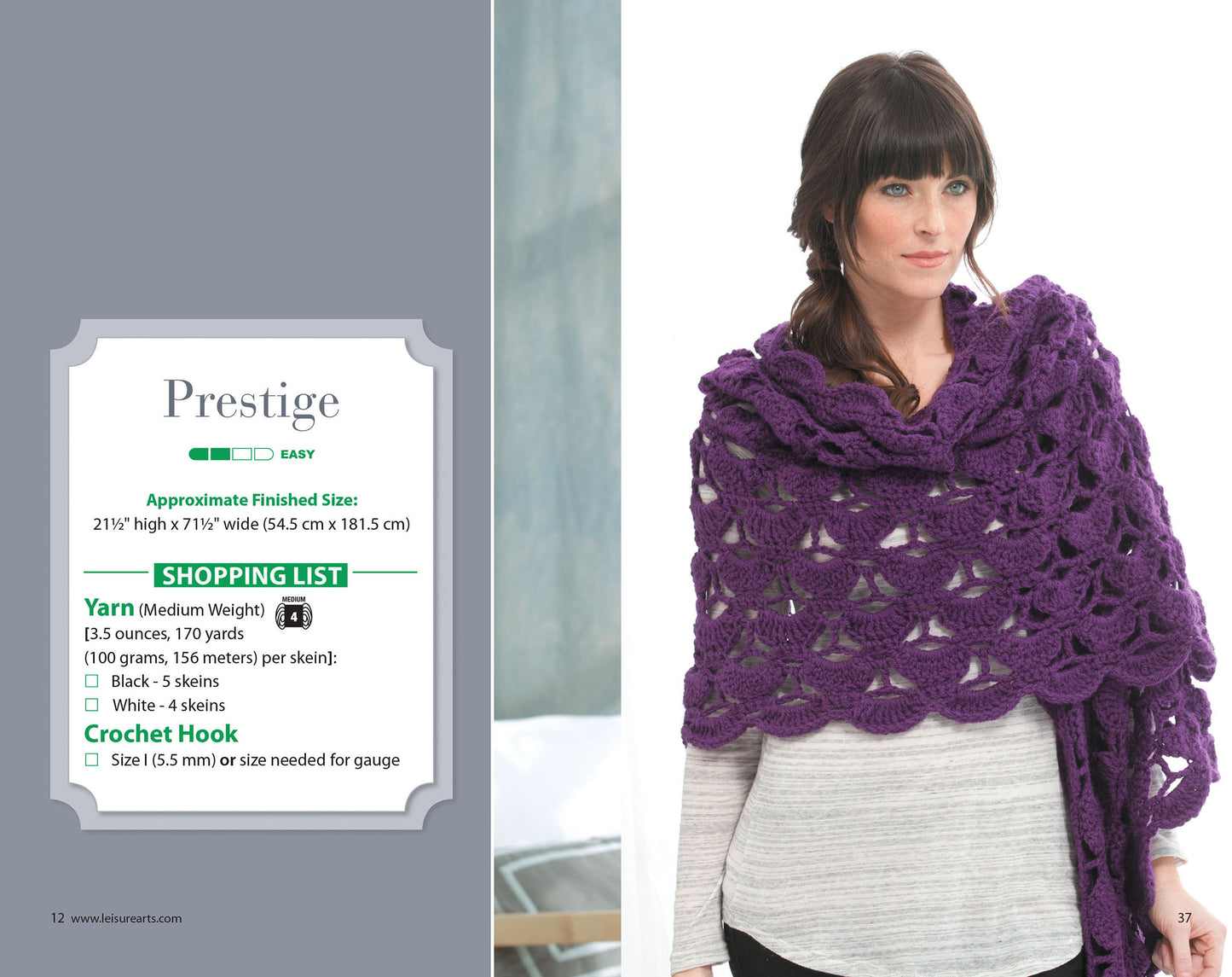 A woman with dark hair wears a large, deep purple crocheted shawl. Text showcases Leisure Arts' "Everyday Shawls," featuring beginner-friendly patterns, finished sizes, required worsted yarn, and crochet hook information.