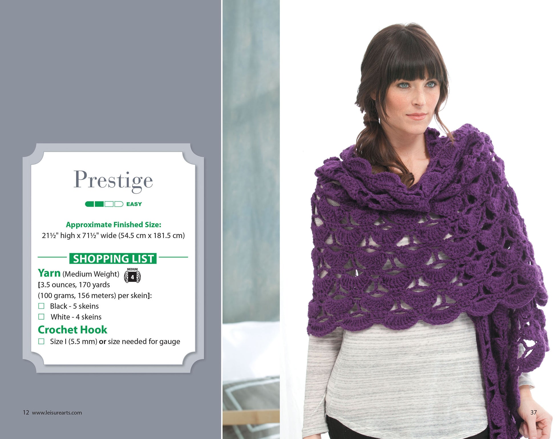 A woman with dark hair wears a large, deep purple crocheted shawl. Text showcases Leisure Arts' "Everyday Shawls," featuring beginner-friendly patterns, finished sizes, required worsted yarn, and crochet hook information.
