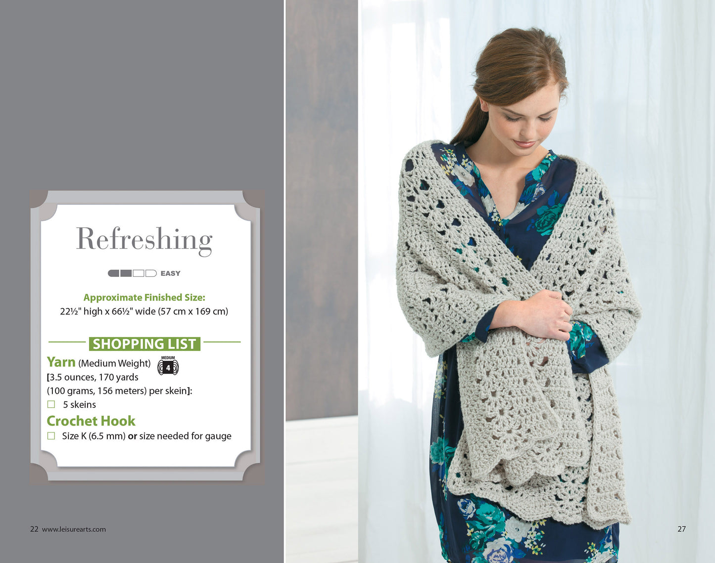 A woman in a blue floral dress wears the Leisure Arts "Everyday Shawls" light gray, lacy crocheted shawl made with worsted weight yarn. Beginner crochet instructions and a shopping list are shown on the left side.