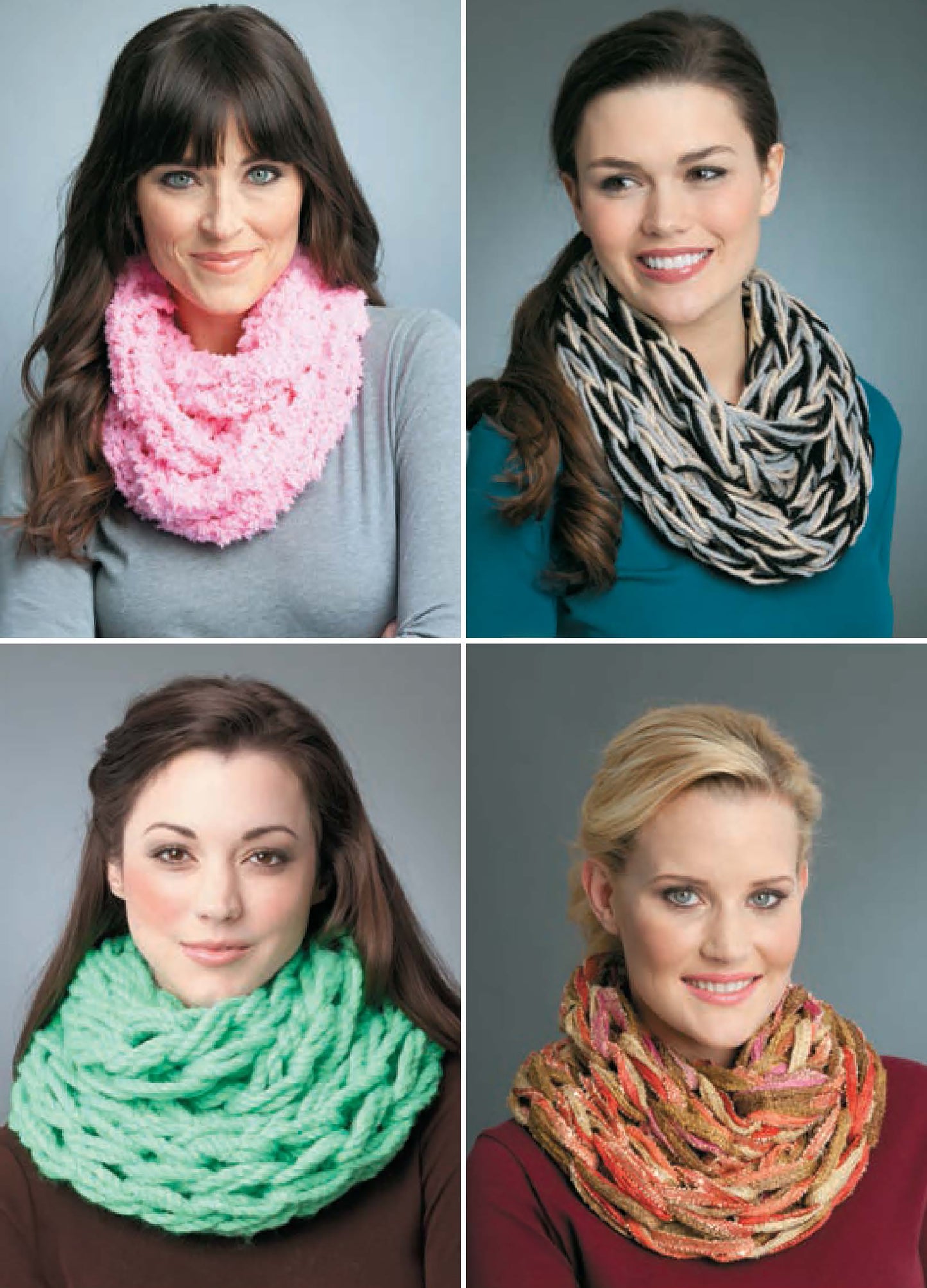 Four women model unique handmade pieces created with Learn to Arm Knit by Leisure Arts: a pink fluffy cowl, black and white striped infinity scarf, mint green chunky scarf from beginner patterns, and a coral/gold finger crocheted scarf.