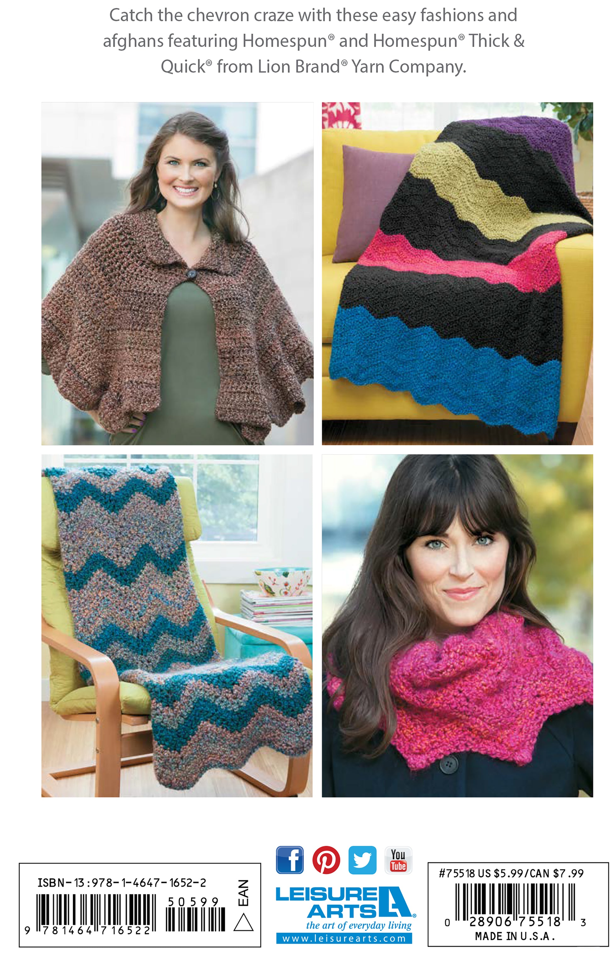 Four images feature women modeling crocheted and knitted garments, plus two colorful chevron afghans on chairs, showcasing Leisure Arts' "Cozy Ripples for You & Your Home" yarn craft patterns.
