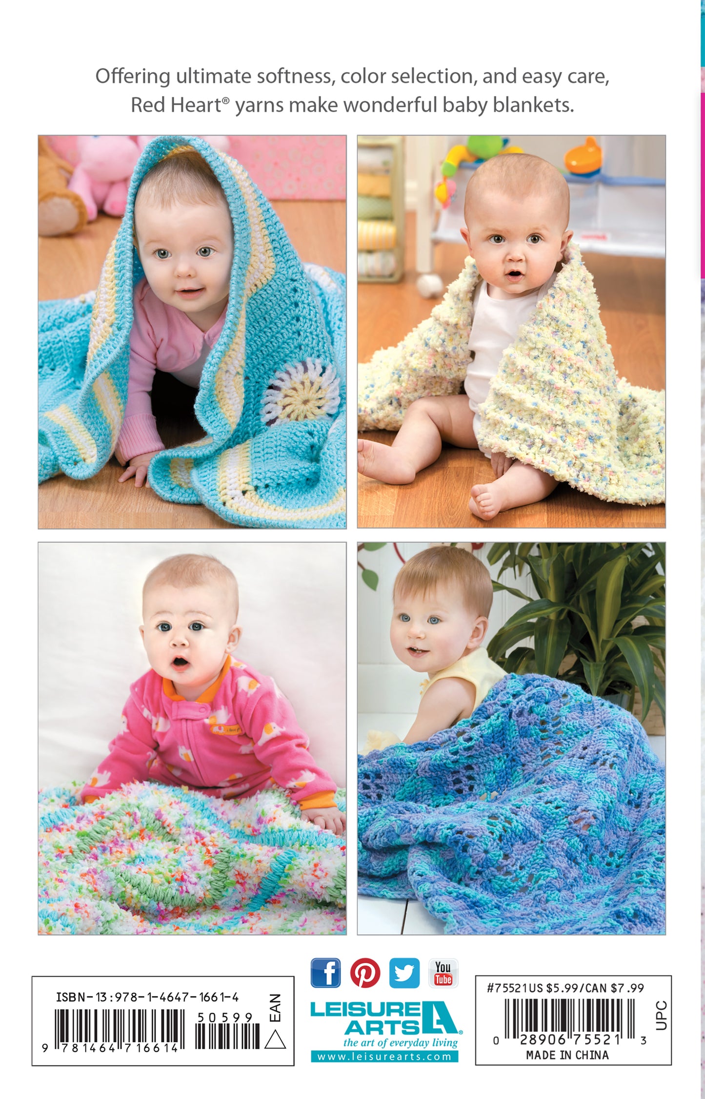 Four babies are wrapped in four unique, colorful crochet blankets from the "Crochet Bright Baby Blankets Digital Download" by Leisure Arts, showcasing cozy and cheerful patterns perfect for your little one.